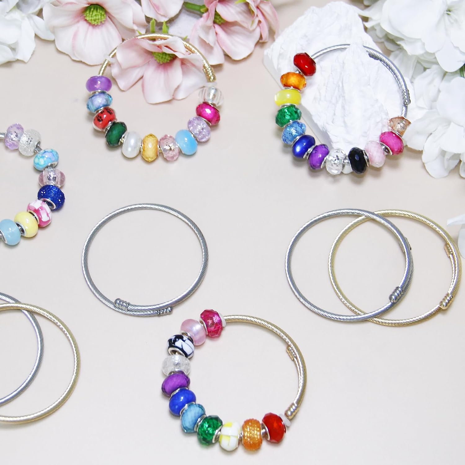 Exway 10 Pcs Elastic charm Bracelet chain Stainless Steel Cable Wire Twisted Cuff Bangle Bracelet Gold And Sliver charm Bracelets Kit for Crafts DIY Women Jewelry Making gold+silver style B 7.0in