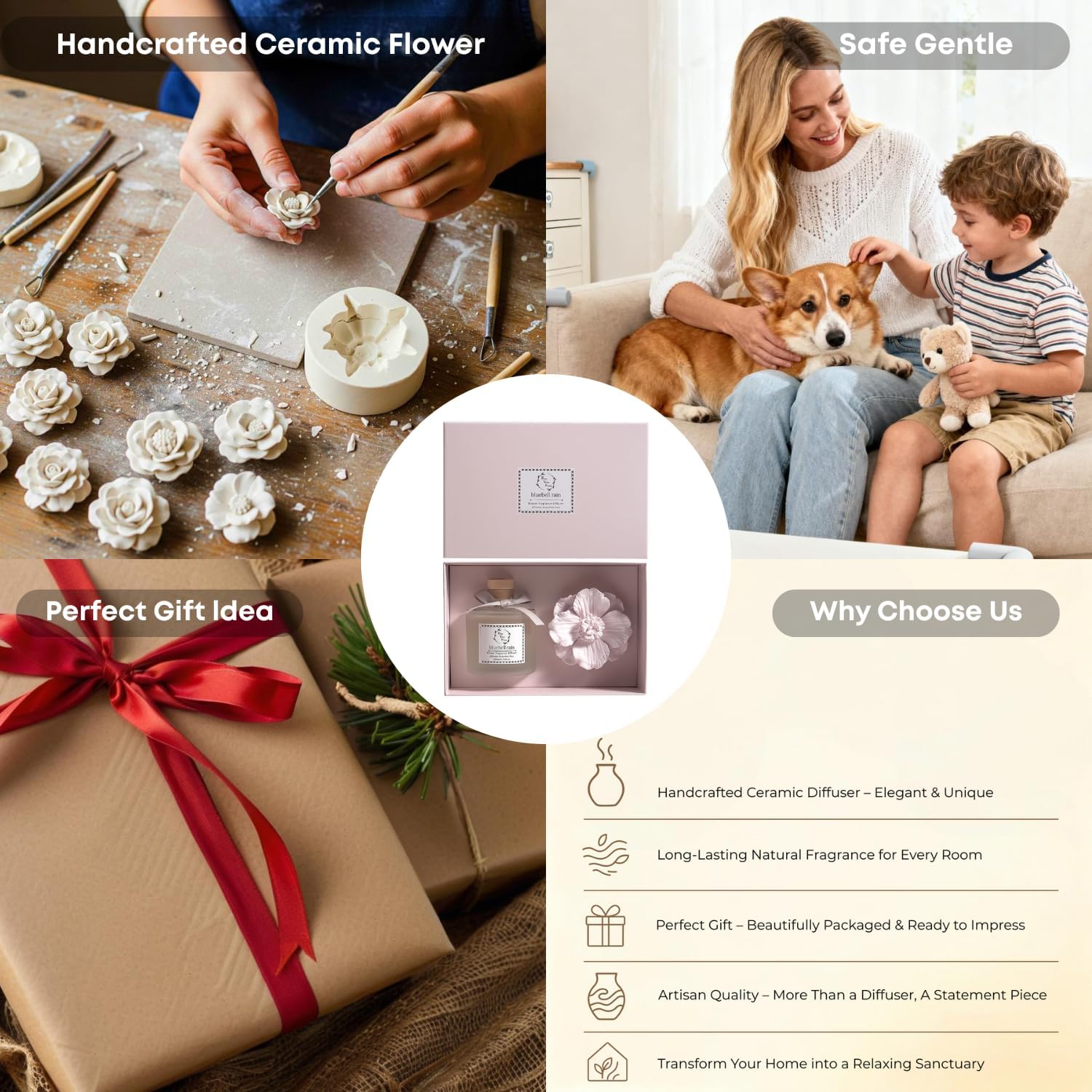 Reed Diffuser Sets, 6.76 Fl. Oz / 200ML Ceramic Diffuser Flower Gift Box, Home Reed Diffuser for Bathroom Office Bathroom Living Room Decor (Bluebell RAIN Pink)