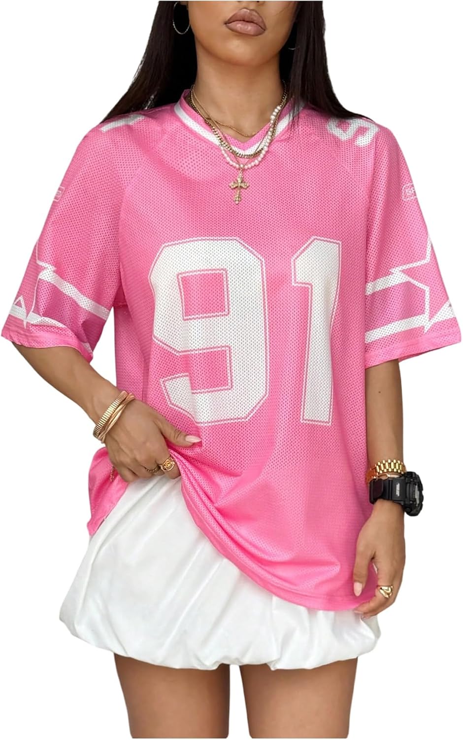 SHENHE Women's Graphic Football Jersey Top V Neck Short Sleeve Loose T Shirt Streetwear