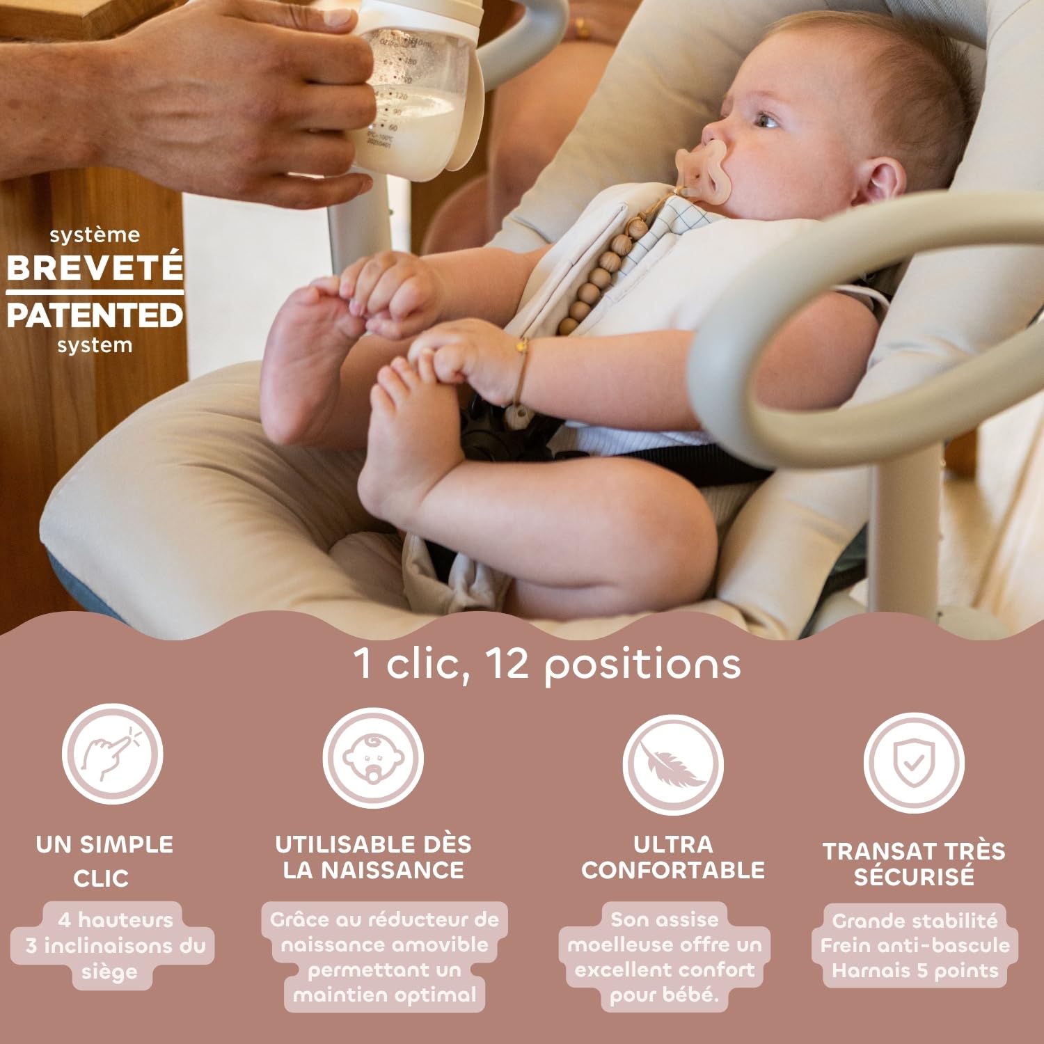 Béaba Transat Up & Down IV, Transat Réglable en Hauteur Bébé Enfant, 3 Positions d'Inclinaison, Harnais Sécurité 5 Points, Argile