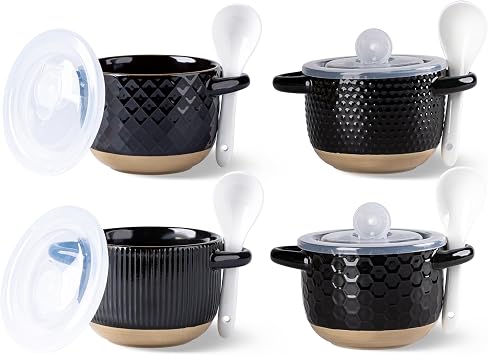 GBhome 22 Ounces Soup Bowls with Large Handles and Lids, Stoneware Bowls Set of 4 with Spoon for Soup, Cereal, Stew, Colourful Ceramic Kitchen Bowls, Microwave&Dishwasher Safe, Black