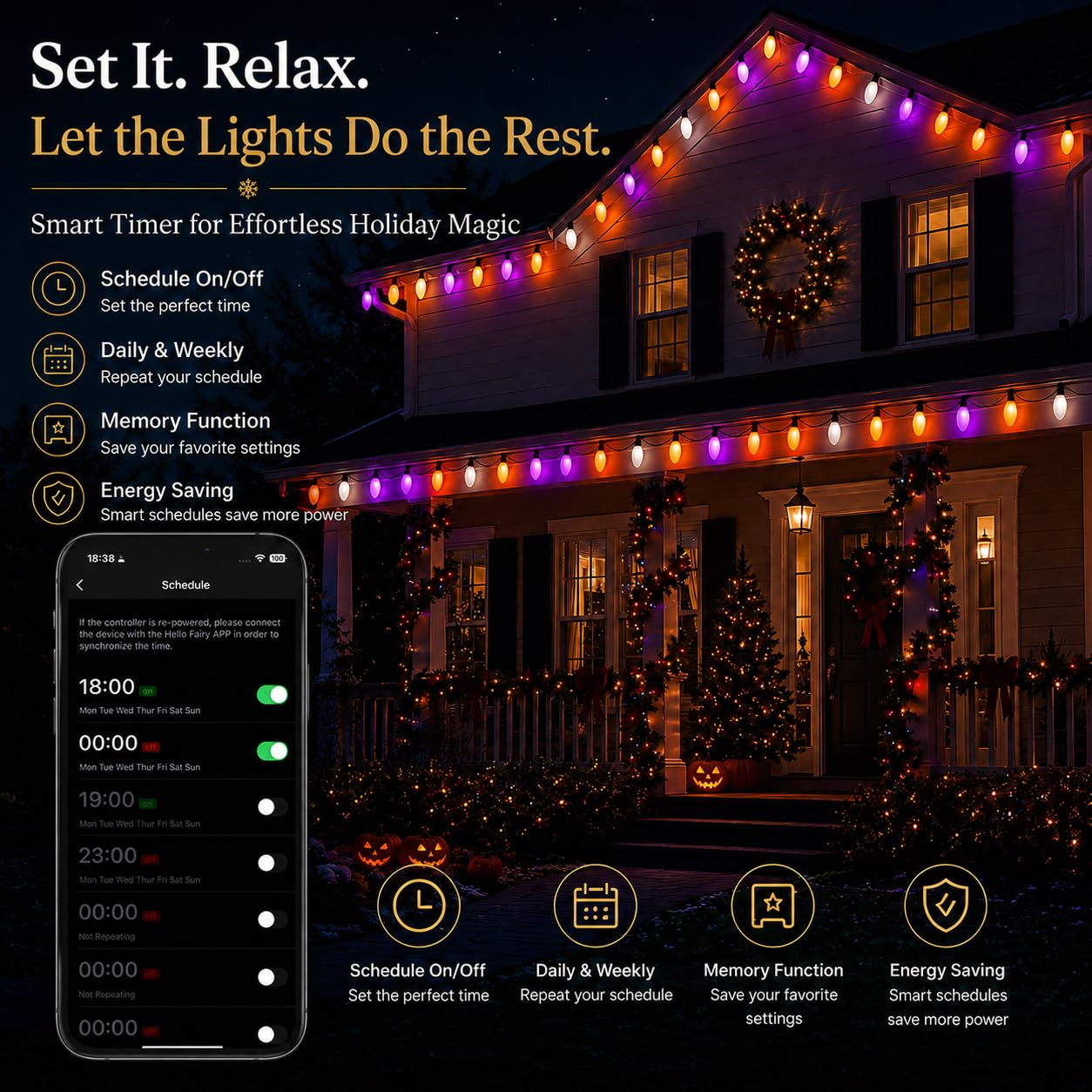 Probro Smart C9 - Luci natalizie a LED per esterni, 25 m, 150 LED, stile vintage, con telecomando, 105+ modalità, impermeabilità IP65, collegabili, sincronizzazione musicale per albero di Natale