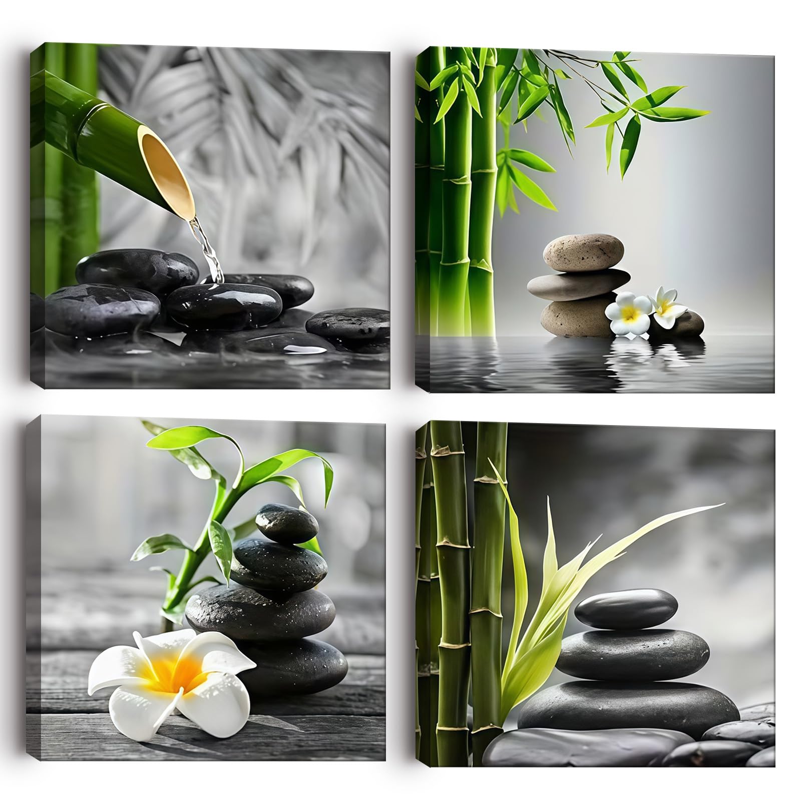 Canvas Wall Art Set of 4 Framed Zen Spa Bamboo Stone Prints, Wall Art for Living Room Bedroom Hallway Study, HD Moisture-Resistant Artwork with Velcro & Pre-Installed Hooks, No Drilling, 30 x 30 cm