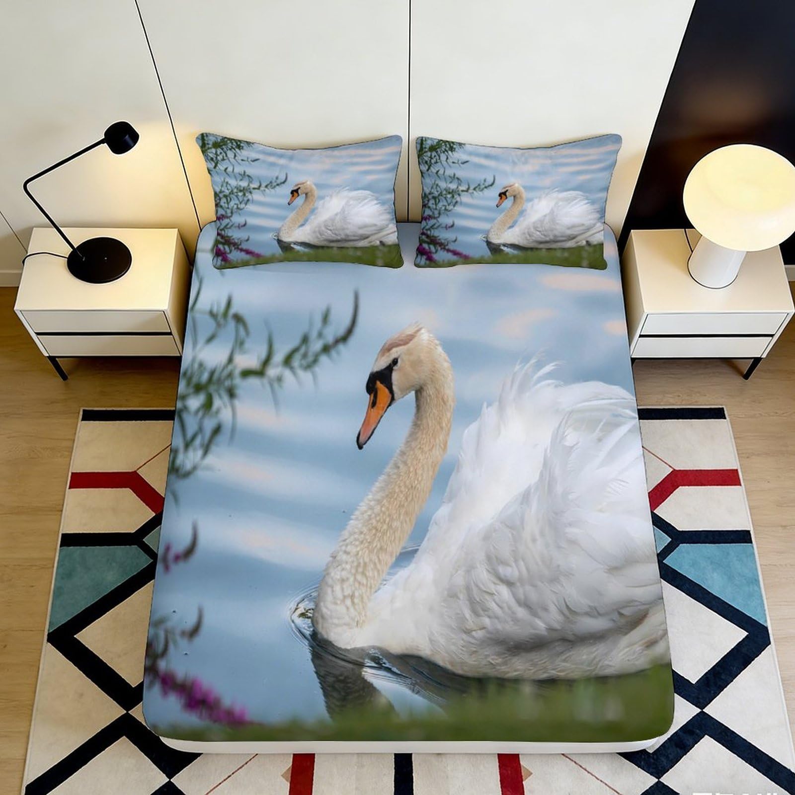 3D Printed Swan Lake Fitted Sheet Microfiber Soft Decor Water Reflection Bed Cover for Bedroom Guest Room Protection 90x200x25cm