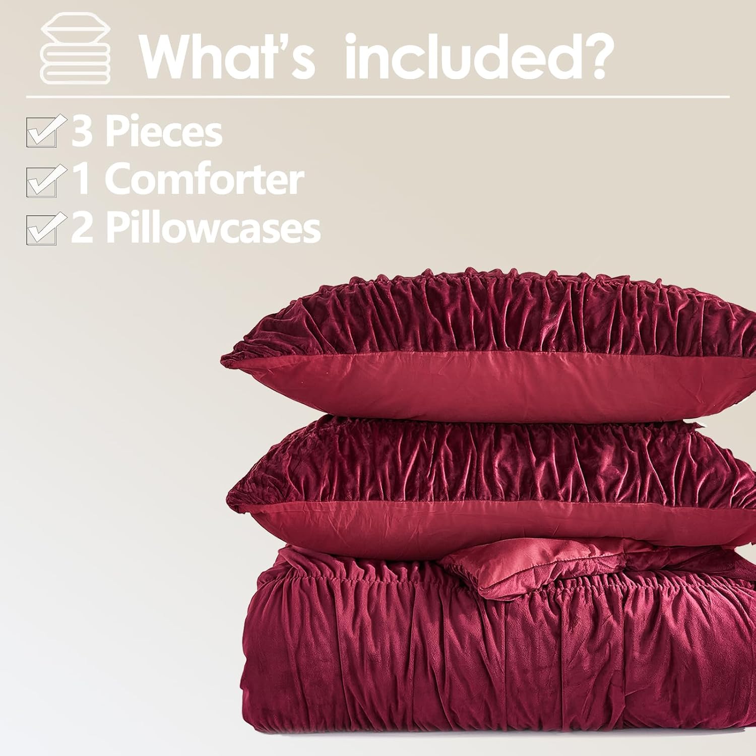 Bedbay Burgundy Velvet Queen Comforter Set,Boho Shabby Chic Ruched Bedding Comforter,Aesthetic Vintage Bedding Fluffy Ruffle Comforter Set,Ultra Soft Velvet Chenille Quilt Set,Red Full/Queen 3 Piece