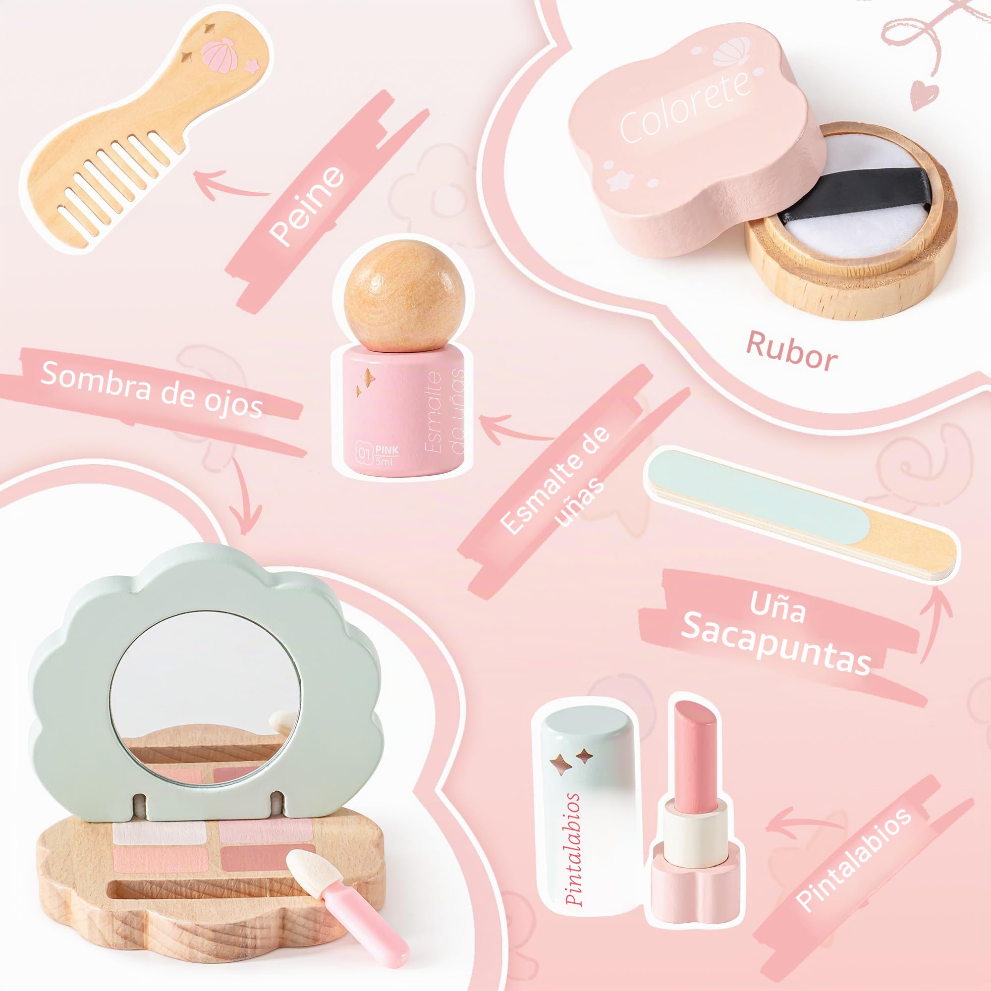 ROBOTIME Juego de maquillaje de madera para niñas, tocador rosa, espejo con luz, cosméticos falsos, juguete de rol