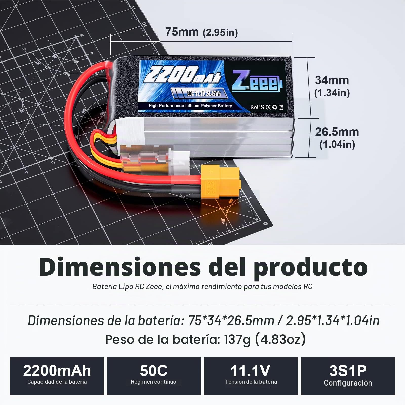 Zeee 3S Lipo Batería 11.1V 50C 2200mAh Batería Corta con Enchufe XT60 para RC Coche Camión RC Vehículos Barco Drone RC Avión Cuadricóptero Helicóptero FPV Racing Hobby Modelos (2 Piezas)