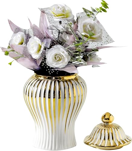 Ginger Jar, Small White Gold Vase for Decor Decor, Modern Handmade Decorative Flower Vase, Ceramic Ginger jar with lid for Kitchen, Bookshelf-Decors(6.8in)