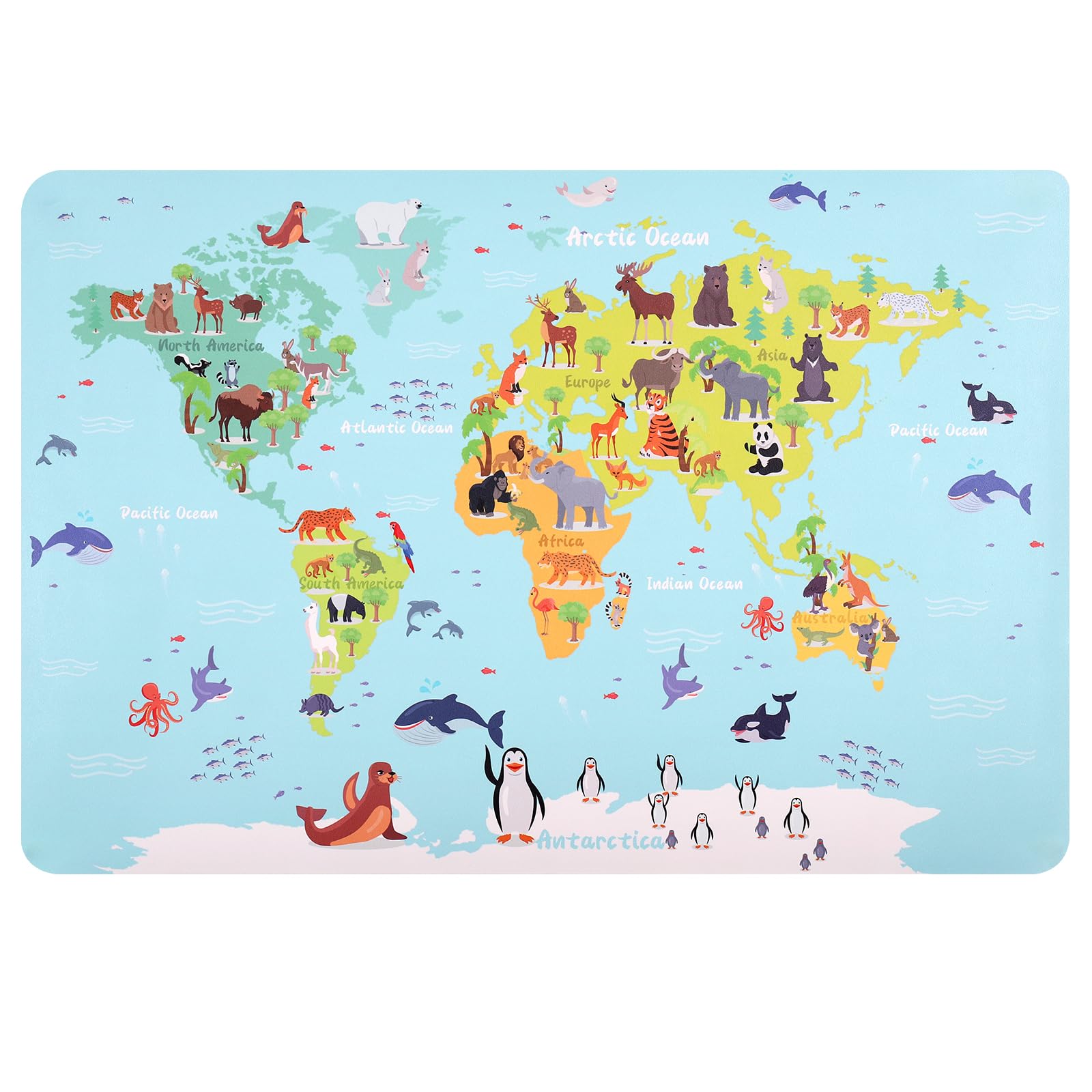 Sous-mains cuir PU Grand Tapis de souris Carte animée continents océans 60 x 40 cm