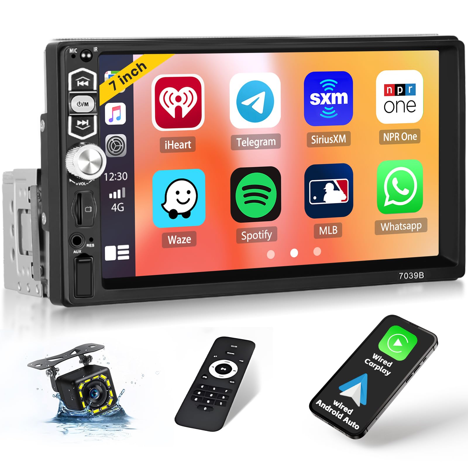 Inefala 7 Inch 2 DIN Autoradio met Carplay en Android Auto, Bluetooth 5.1, Mirror Link, FM/USB/AUX/TF, Stuurbediening, Achteruitrijcamera