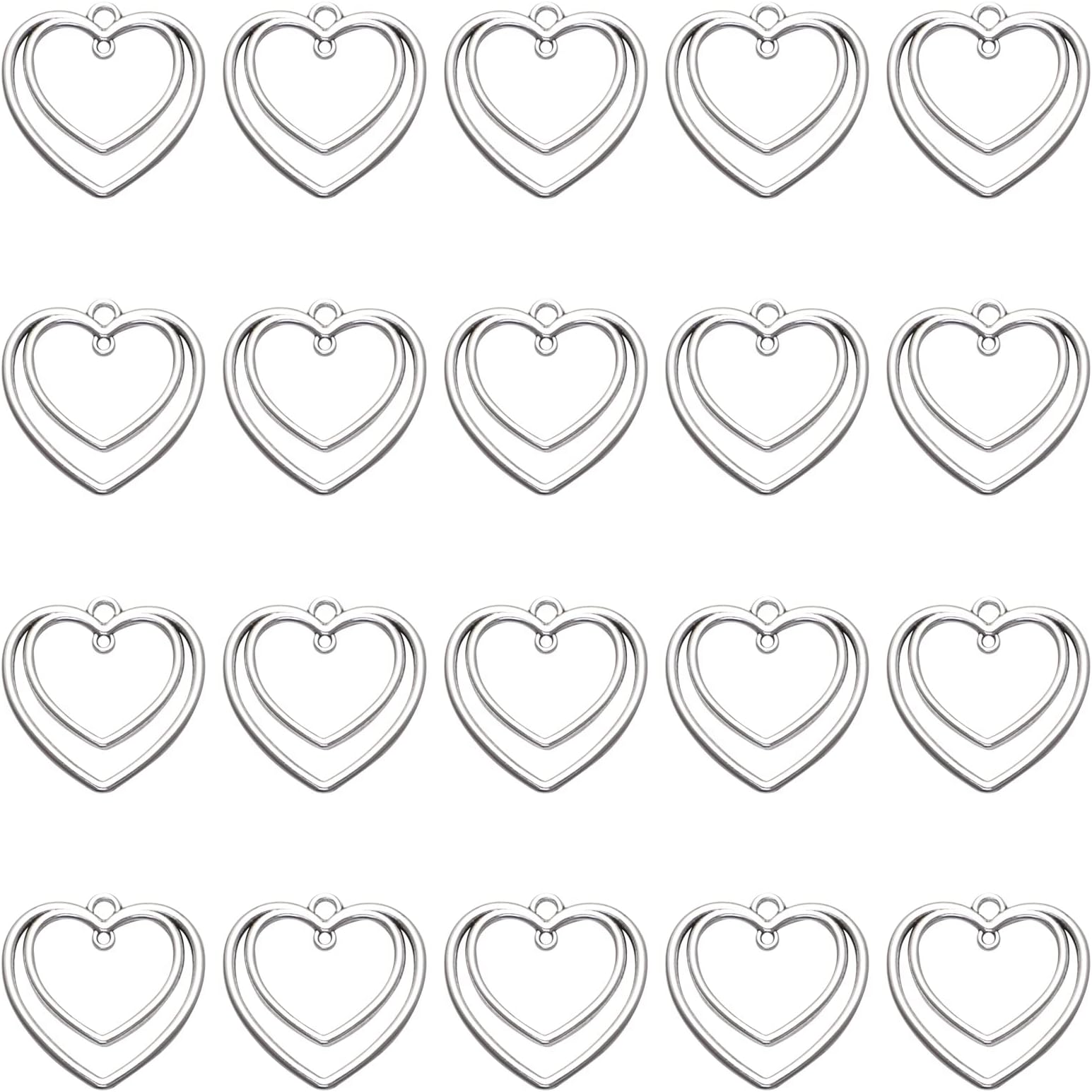 50Pcs Double Heart Charm Alloy Pressed Flower Blank Frame Pendants Hollow Open Bezel Connector Charms For Resin Jewelry Making DIY Necklace Bracelet Keychain Earring