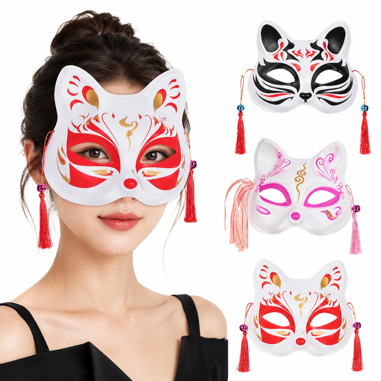 Beavorty Japanese Fox Mask - 3pcs Cosplay Cat Face Hand Painted Half Masks