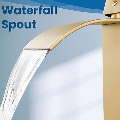 Miniatura 8 de Airuida Grifo de Lavabo de Baño con Caño de Cascada de Oro Cepillado de Una Sola Manija, Un Solo Orificio, Grifo Mezclador de Lavabo para RV,