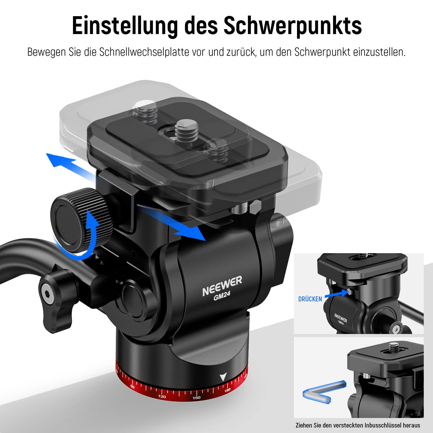 NEEWER Stativ Fluidkopf Pan Tilt Head mit Schnellwechselplatte und Griff, Metall Kamera Stativkopf kompatibel mit Arca Swiss für kompakt Videokameras DSLR Kameras, Belastbar bis zu 3kg,GM24(Rot)