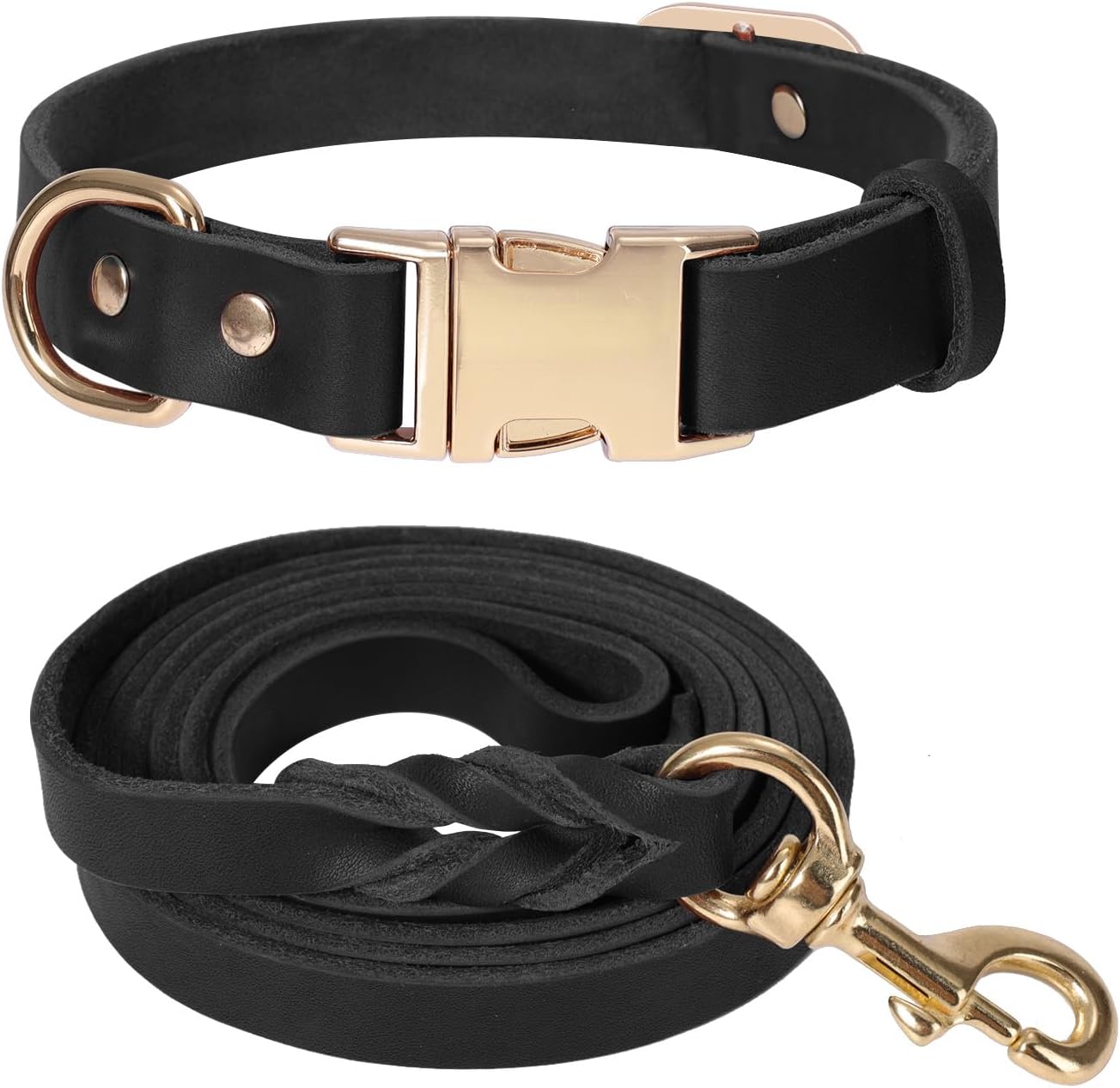 LWBMG 5FT Leather Dog Collar and Leash Set, Heavy Duty Dog Leash and Collar with Metal Buckle,Adjustable Pet Collar and Leash, Soft Pet Leash and Collar Set for Small Medium Dogs Black