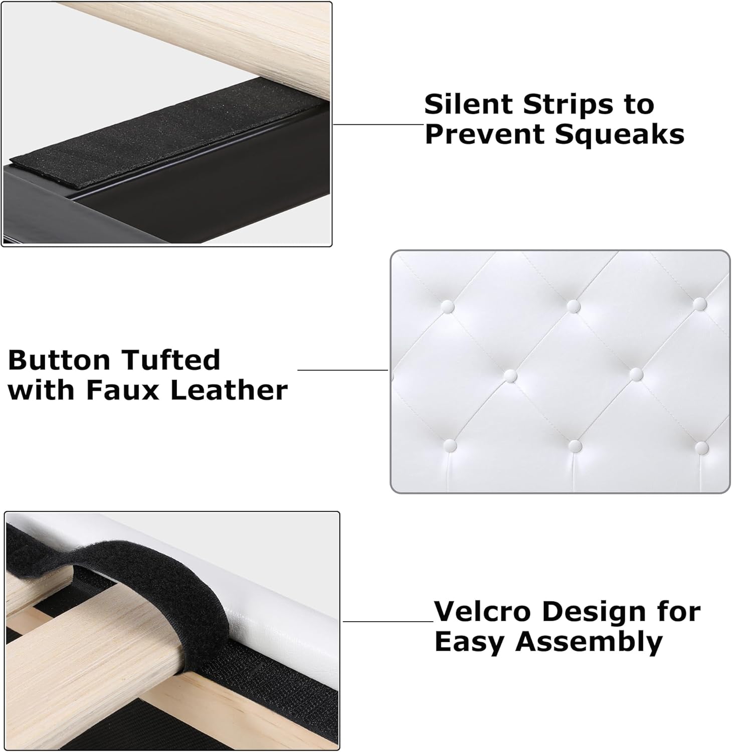 Close-up of bed frame features including silent strips, button tufted headboard, and Velcro slat design.