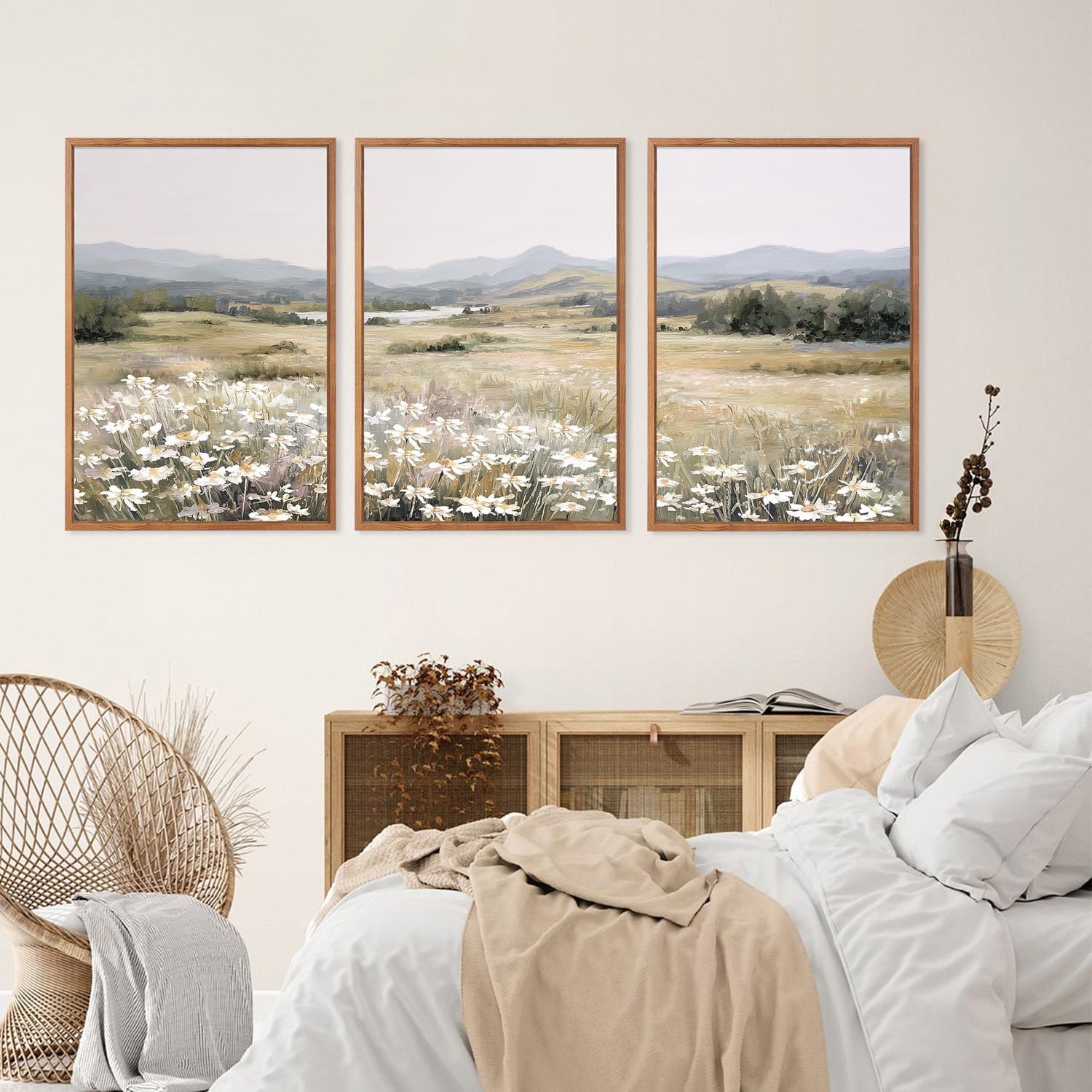 KAIRNE Landscape Canvas Wall Art,Boho Floral Prints Set of 3(16”X24”),Flower Garden Paintings,Wildflower Field Scene Wall Decor,Botanical Art for Living Room Bedroom Kitchen Farmhouse Decor,Framed