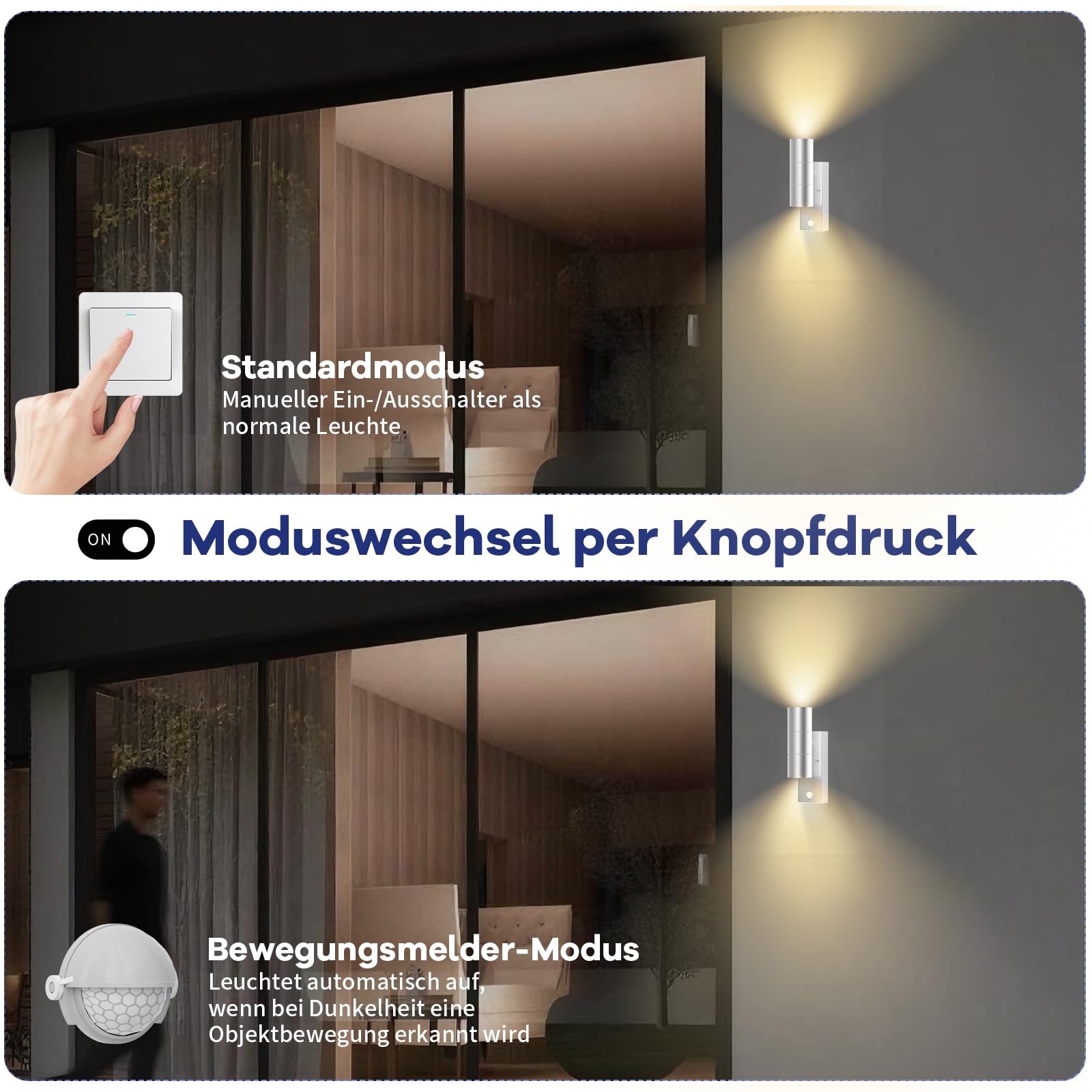 Allesgute LED Außenleuchte mit Bewegungsmelder IP44 Modern UP Down Wandleuchte Aussen Gebürstet Edelstahl Wandlampe für Garten Balkon, Inkl. 5W 500LM GU10 Leuchtmittel Warmweiß