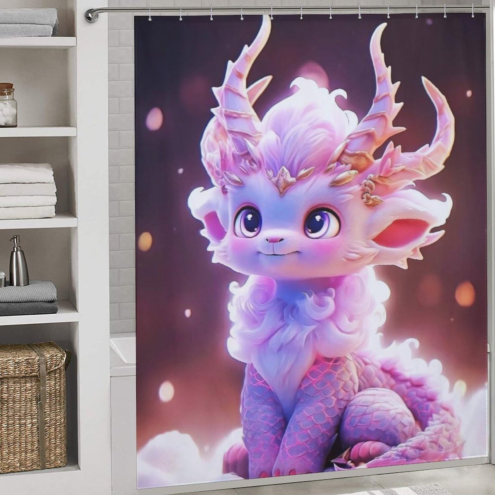 Cute Dragon Shower Curtain, Waterproof Proof Resistant, Quick-Drying, Washable Bathroom Curtain, Includes 12 Pcs Curtain Hooks, 72x72Inch (183x183cm)
