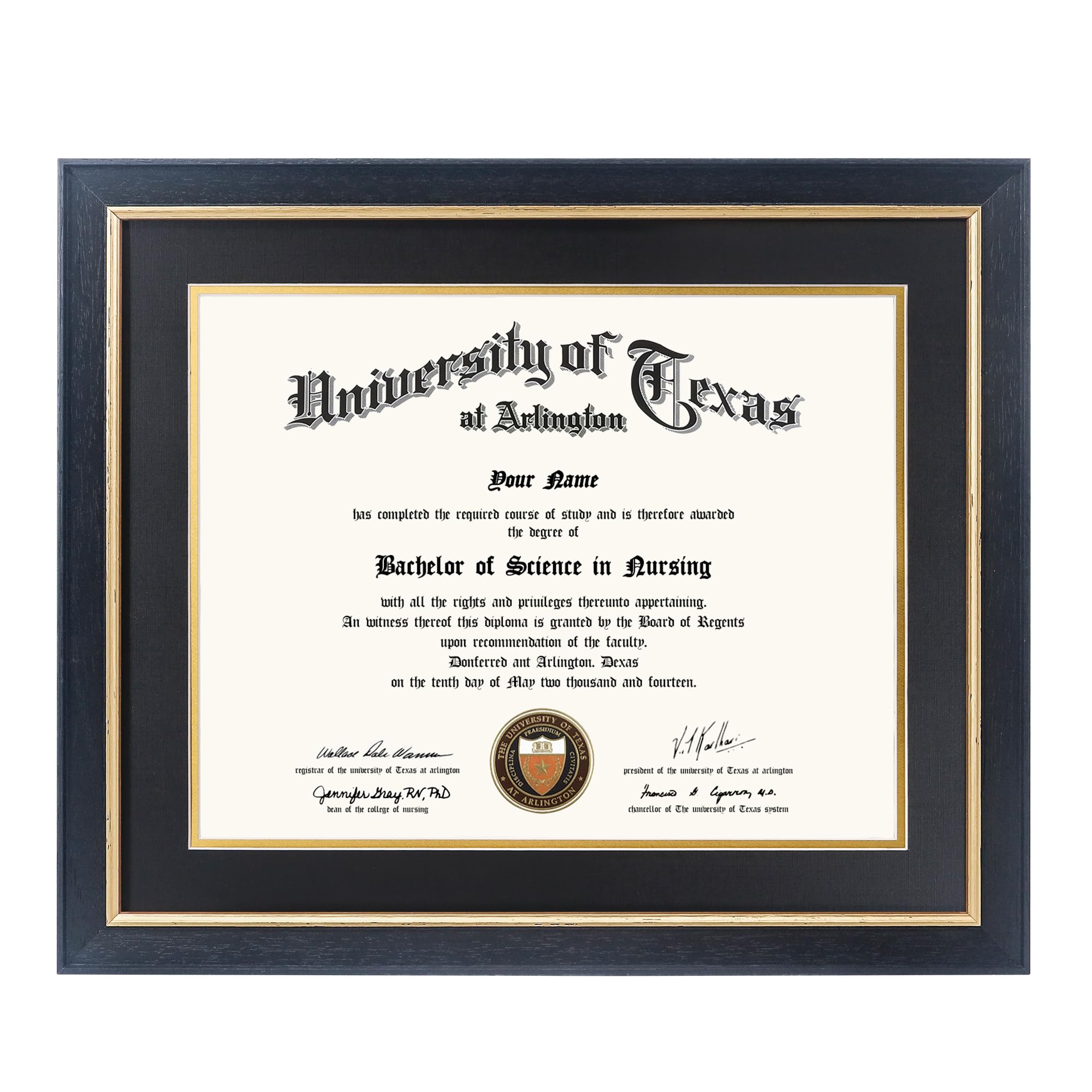 11x14 Wood Diploma Frame with Black Mat or Display 14x17 Certificates without Mat,UV Protection Acrylic,Rustic Black Finish with Gold Trim