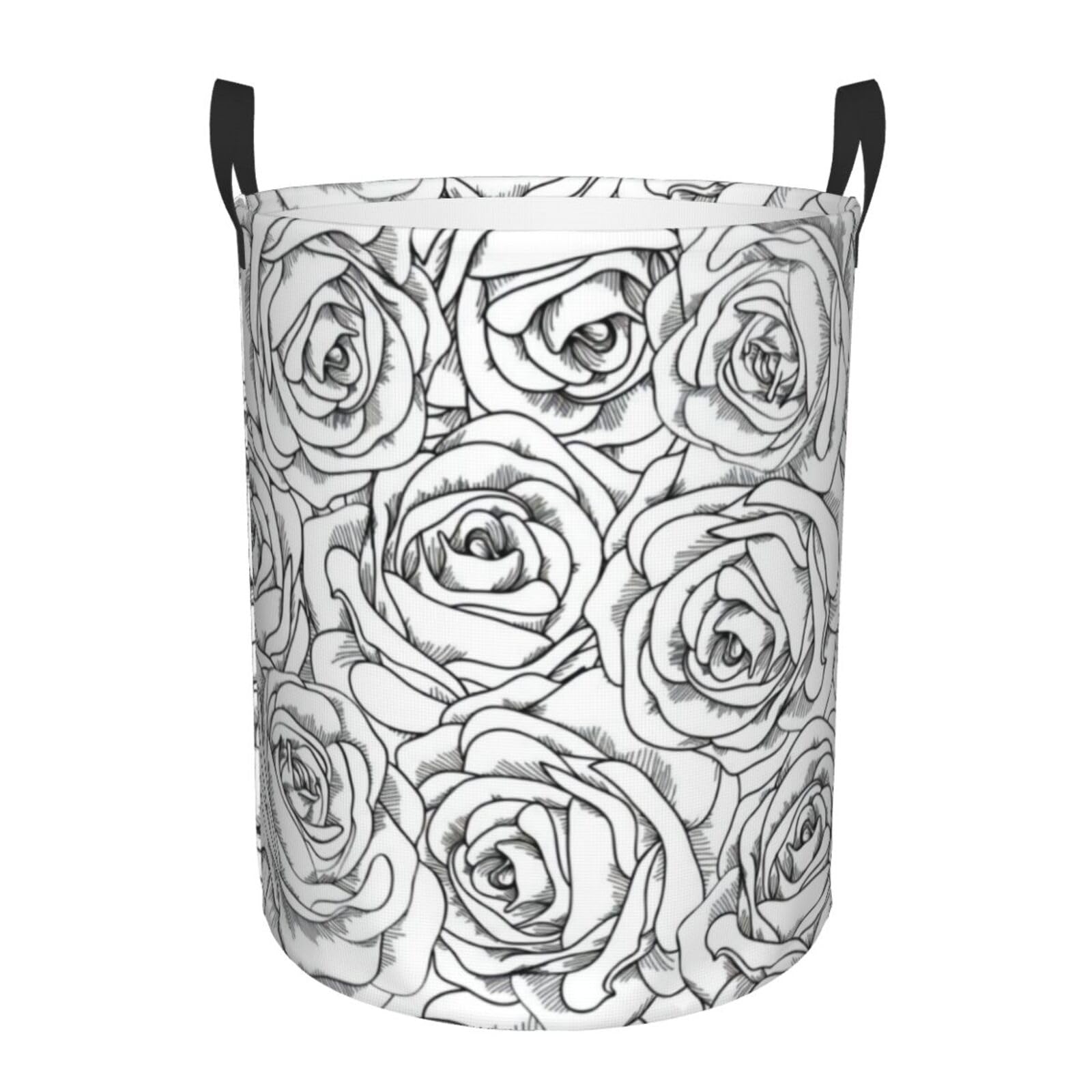 S Circular Hamper – Collapsible Black White Rose Print Laundry Basket