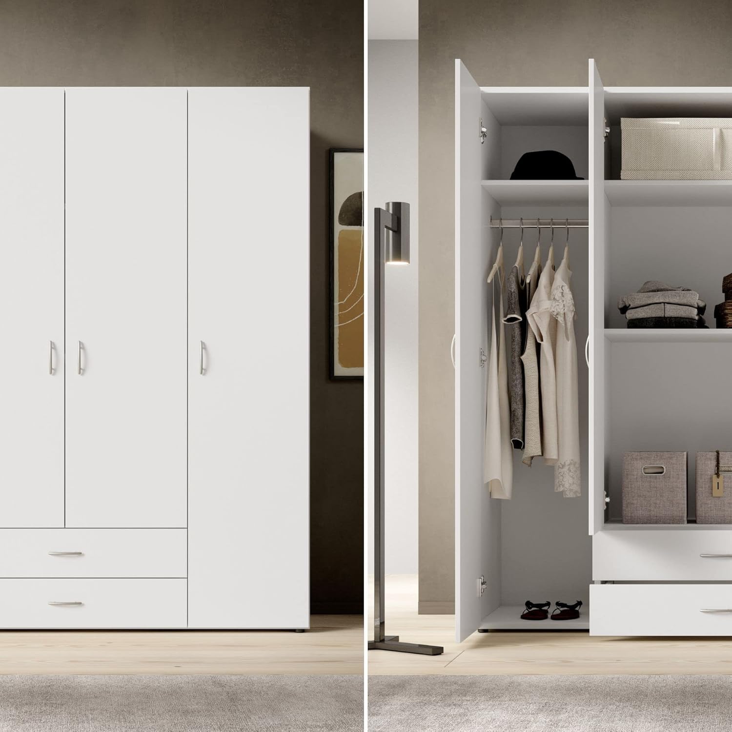 Stella Trading BASE Zeitloser Kleiderschrank in drei verschiedenen Größen - Vielseitiger Drehtürenschrank in Weiß - 160 x 177 x 52 cm (B/H/T)