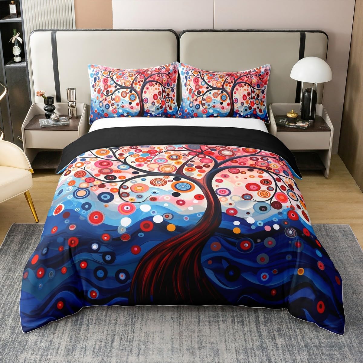 Tree of Life 100% Cotton Duvet Cover Sets Queen Size,Abstract Art Bedding Sets 3Pcs for Kids Woman Adults Room Decor,Bohemian Colorful Comforter Cover Vintage Painting Art Quilt Covers,2 Pillowcases