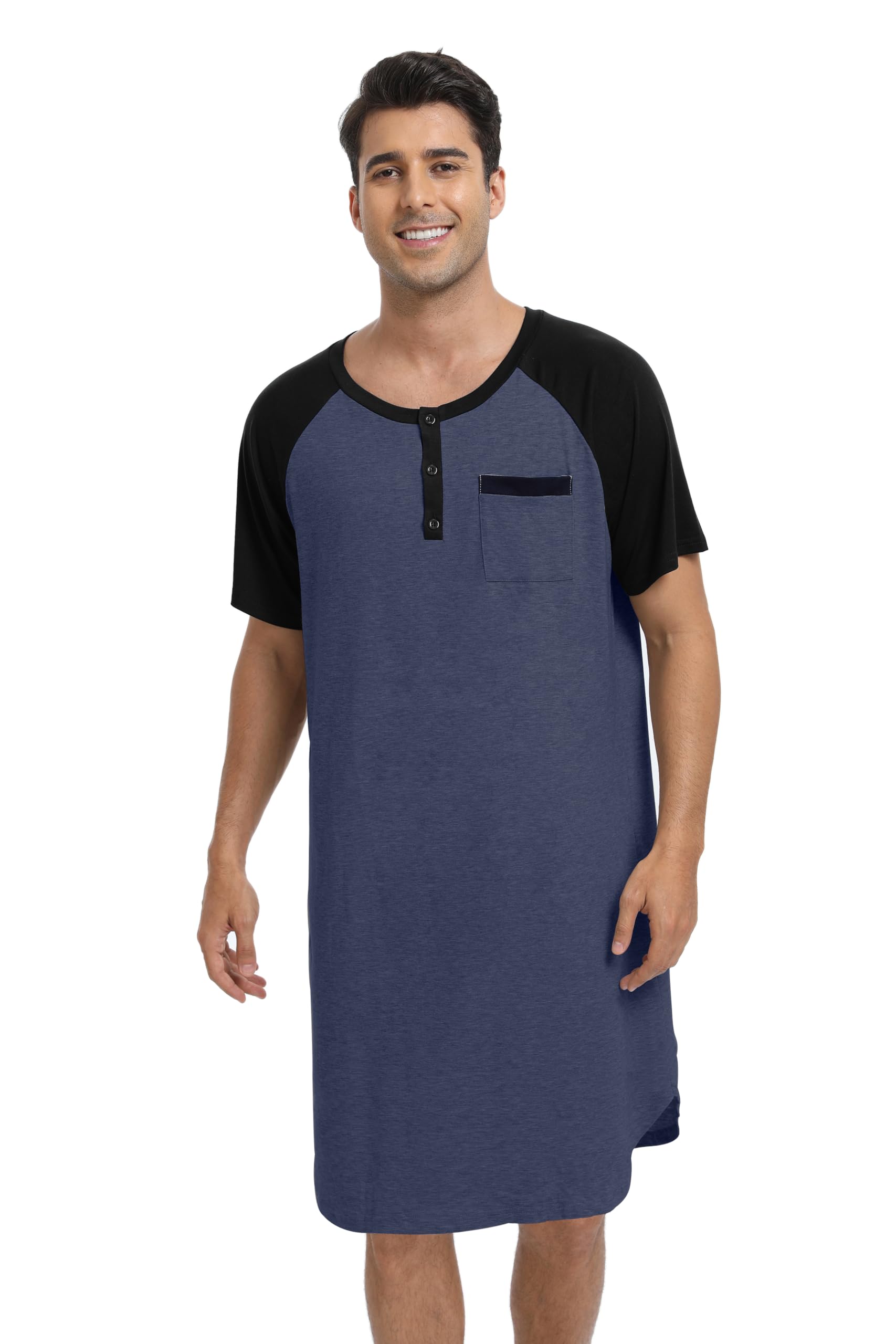 Enjoyoself Camisón Hombre Dormir Camisetas de Pijama Algodón Larga Suave Transpirable Camisa de Noche de Manga Corta Camison Hospital Ropa de Dormir para Descansar