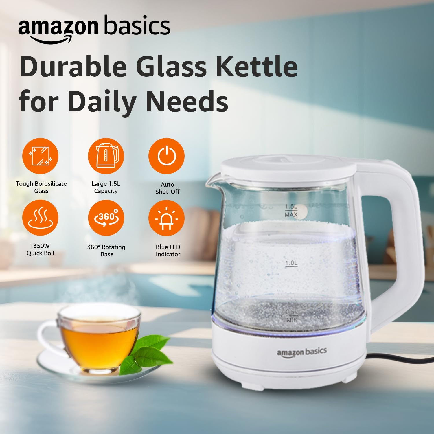 Amazon Basics 1.5 Litre Electric Glass Kettle | 1350W | 360° Swivel Base | Led Indicator | Dry Boil Protection |Auto Shut-off & Overheat Protection | Multipurpose Travel Kettle