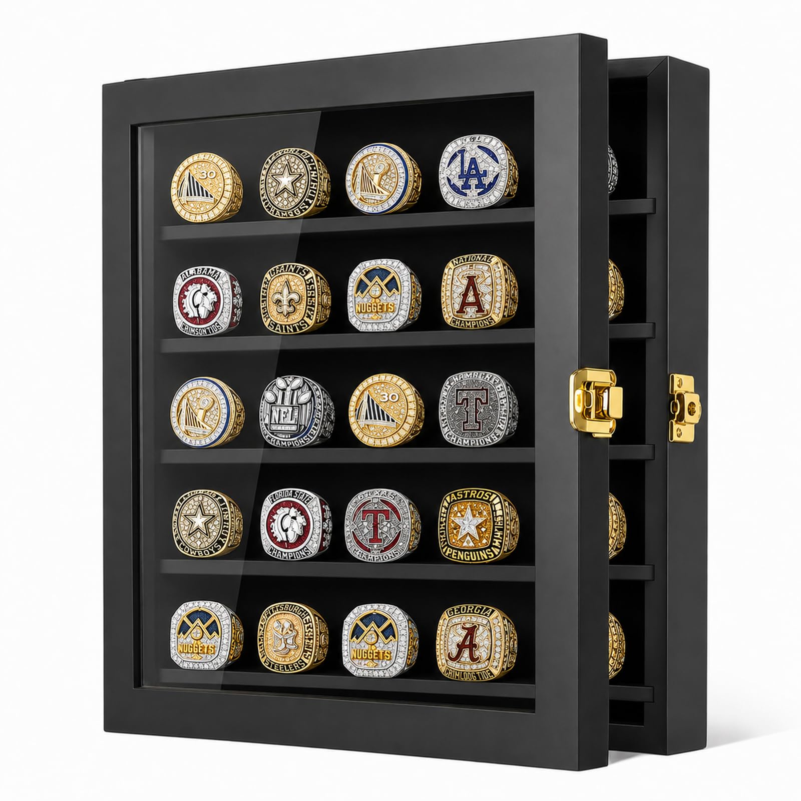 Championship Ring Display Case, 25 Posts Wooden Sports Ring Holder Display Box for Baseball Softball Basketball Football Rings, Easy Wall Mount Shadow Box with Clear Glass Door and Metal Lock
