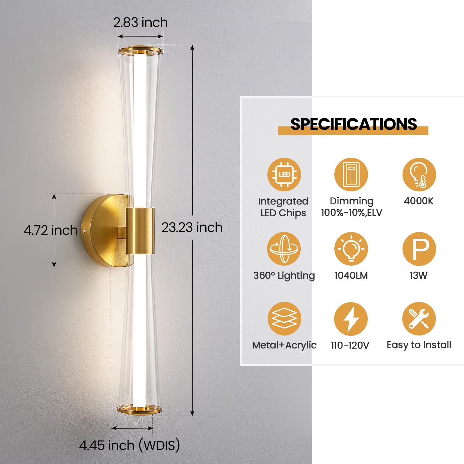 KAISITE Gold Bathroom Light Fixture - Modern Bathroom Vanity Light Dimmable LED Bathroom Sconce Wall Lighting Fixture with Double Layer Shades 13W 4000K 23inch Bath Vanity Light Bar Over Mirror