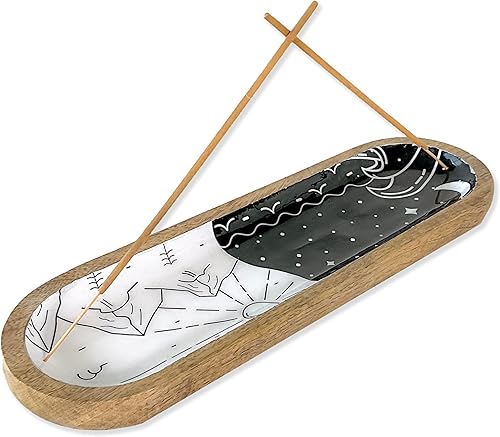 The Art Box Soporte para quemador de incienso pintado a mano, blanco y negro, bandeja de incienso larga de madera de 12 x 4 x 1 pulgadas para