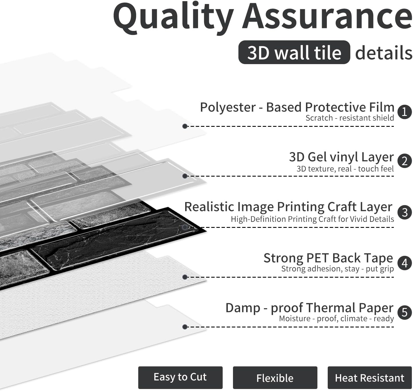 3D Textured Peel and Stick Backsplash Tiles - 20 Sheets 9.69"x4.72" Waterproof Self-Adhesive Tile for Kitchen, Bathroom - Black