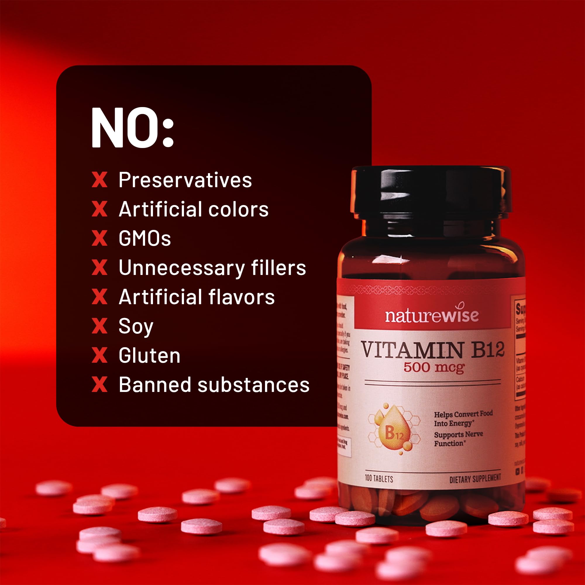 NatureWise Vitamin B12 500 mcg - B12 Supplement for Energy + Mental Clarity & Nervous System Support - Easy-to-Swallow, Vegan & Non-GMO - USA Manufactured - 100 Tablets[100-Day Supply] — Amazon image 4