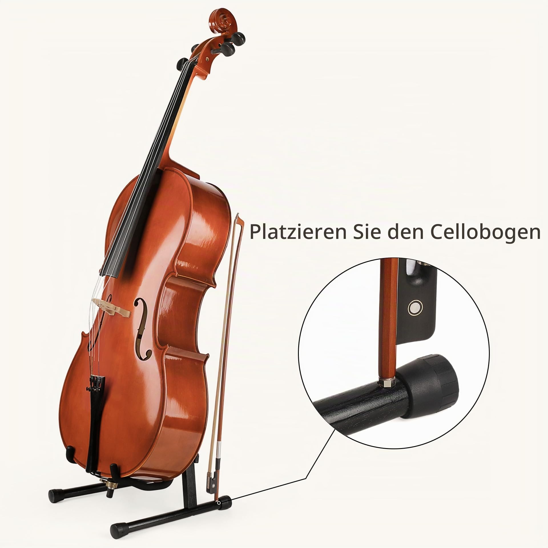 Celloständer, Celloständer mit Bogenhalter, Holz A-Form Bodenständer mit gepolstertem Schaumstoff, passend für 1/2, 3/4, 7/8, 4/4 volle Größe, Cellohalter für Zuhause und Studio Display (Black Wood)
