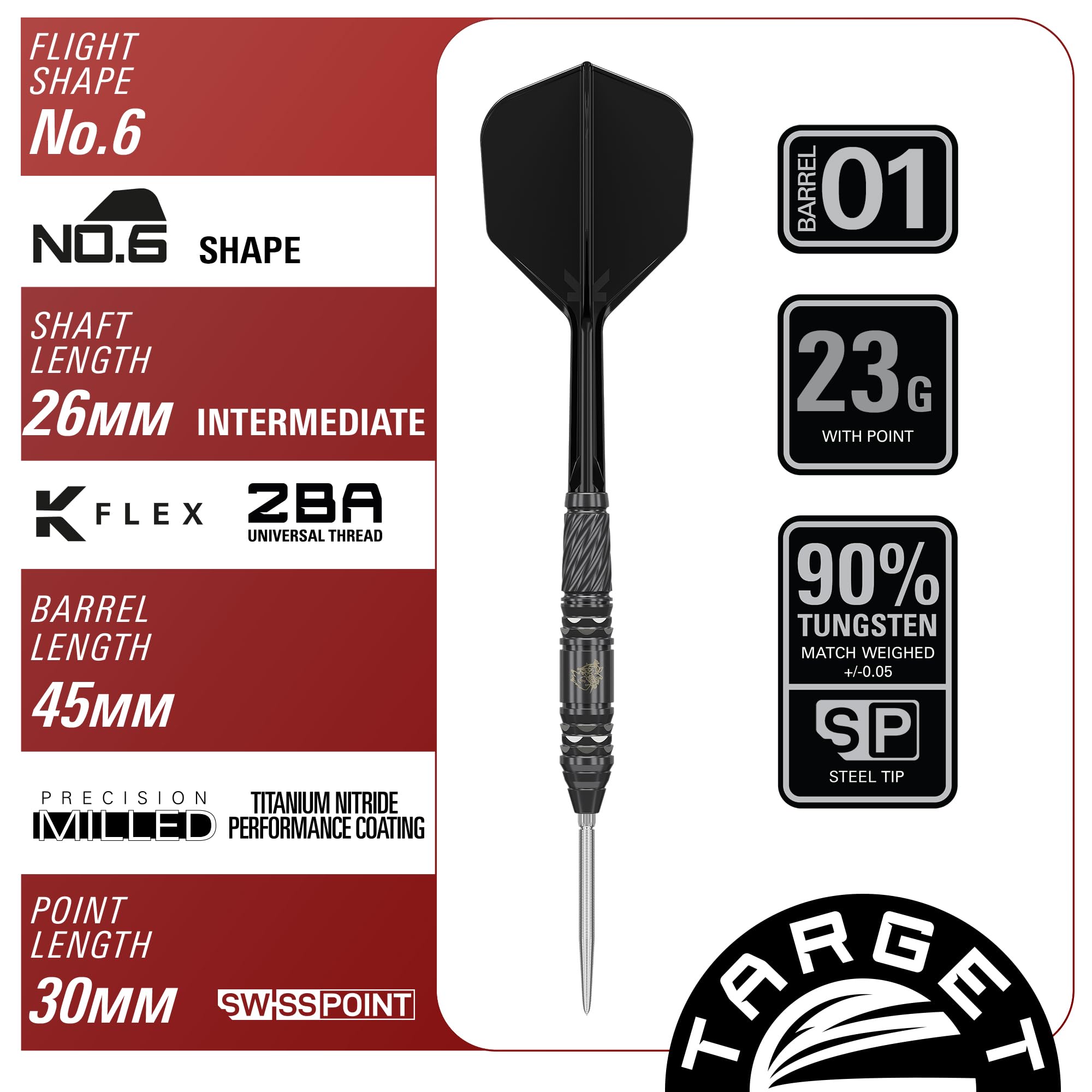 Target Japan Black Marque Dragon G2 90% Tungstène K-Flex Swiss Point Ensemble de fléchettes à Pointe d'acier, 23G | Vol de fléchettes KFlex, Nano-Pointes suisses