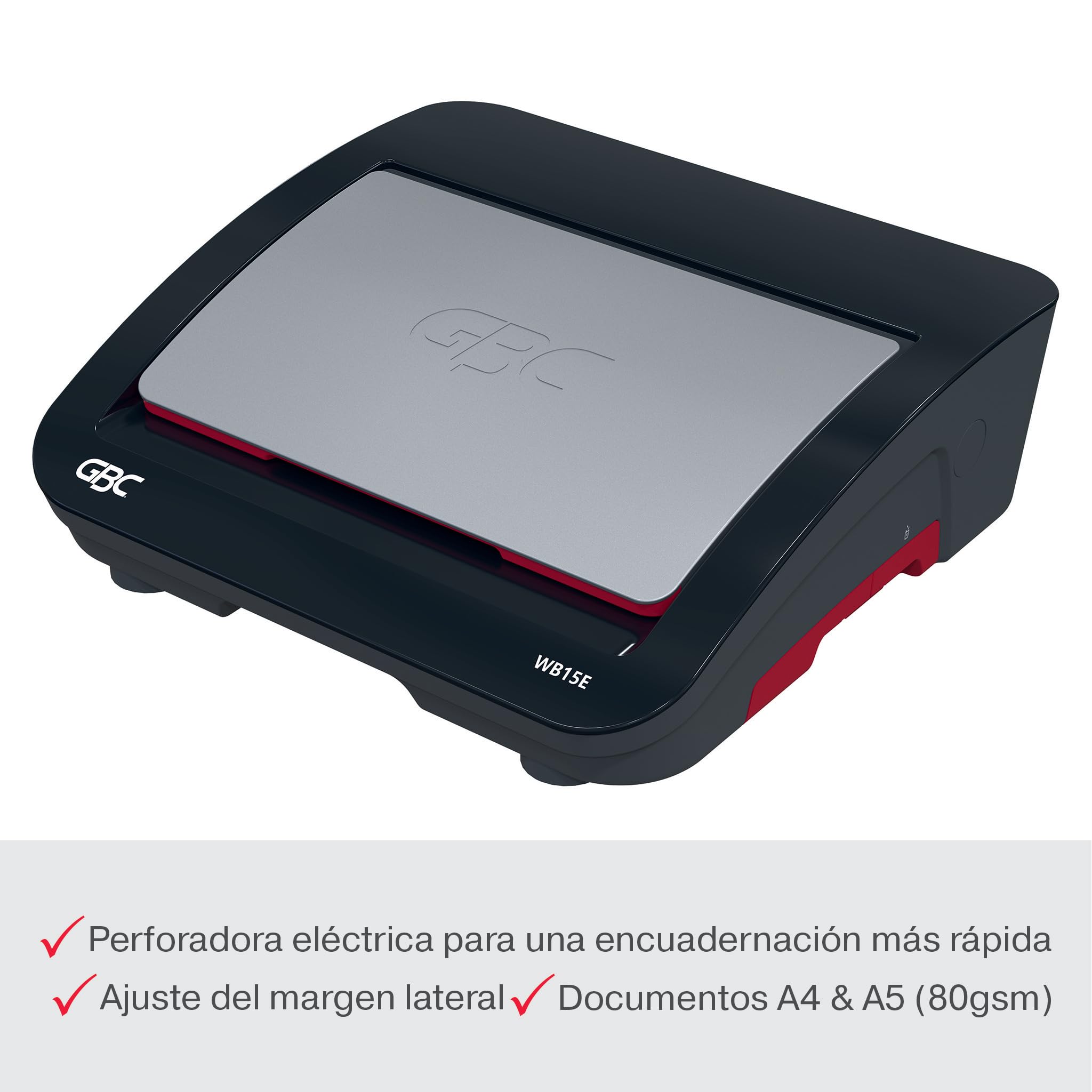GBC 4410066 - Encuadernadora Eléctrica WireBind WB15E, Encuaderna 125 Hojas A5/A4, Perforadora Eléctrica con LED Antiatasco, Perfora 15 Hojas, Negro/Plata