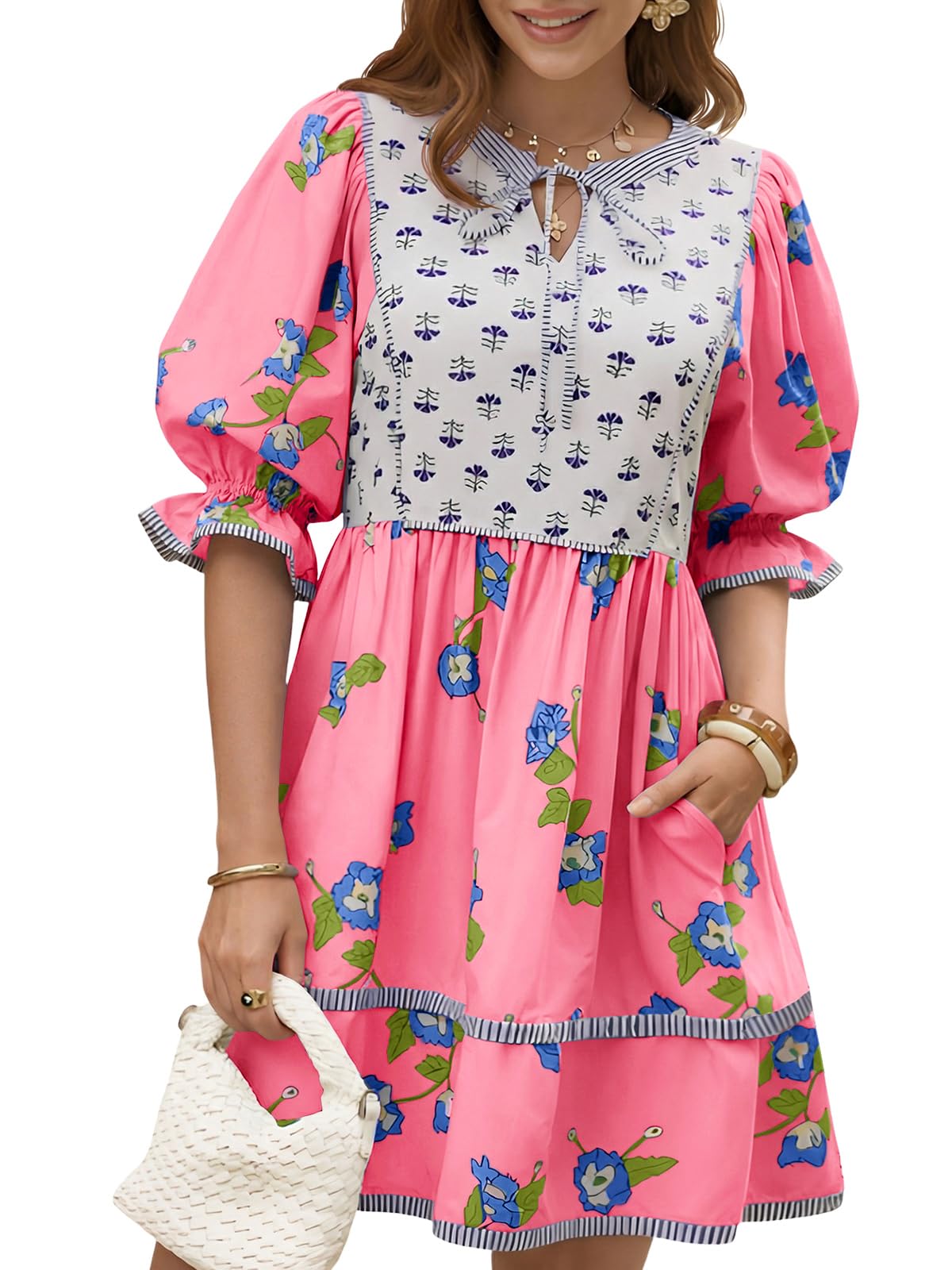 Wenrine Womens Casual Floral Mini Dress Summer Puff Short Sleeve Tie Front V Neck Patchwork Loose Boho Shirt Dresses