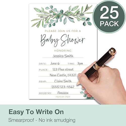 Miniatura 4 de Juego de 25 invitaciones para baby shower con sobres, boletos para rifas de pañales y tarjetas de solicitud de libro de baby shower, eucalipto