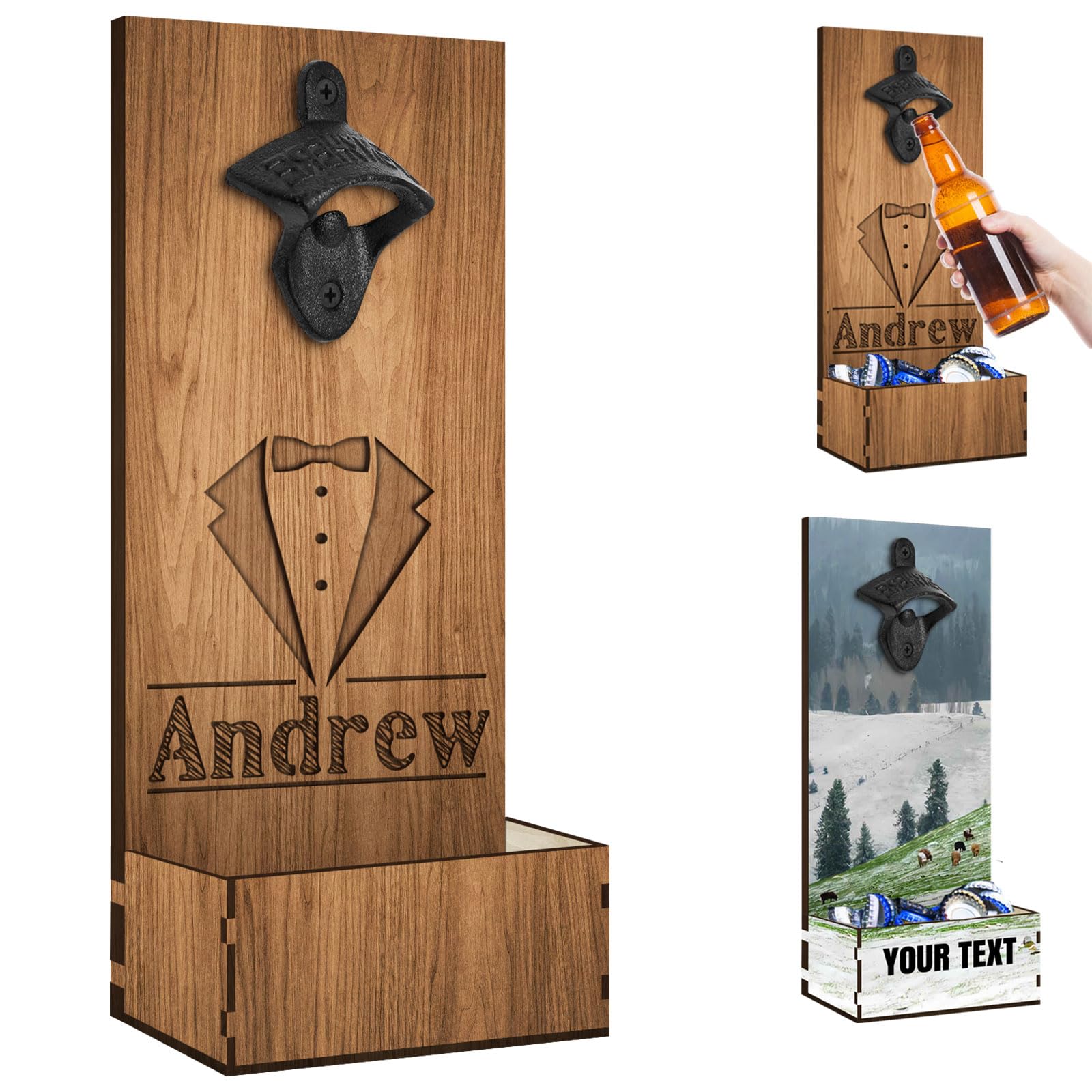 Custom Bottle Opener Wall Mounted Personalized Wooden Beer Opener with Cap Catcher Customized Engraved Bottle Opener Freestanding for Men and Beer