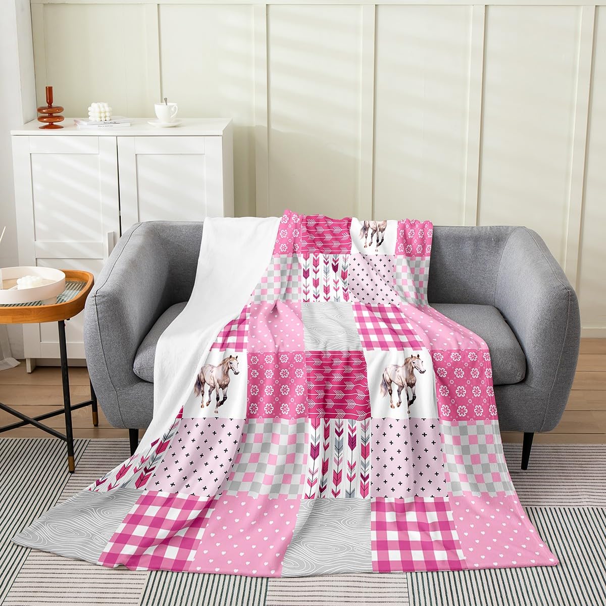 Horse Blanket Kids Galloping Horse Plush Throw Blanket Cute Animal Decor Flannel Fleece Blanket for Women Men Room Decor Pink Floral Queen 90"x90" — image 1