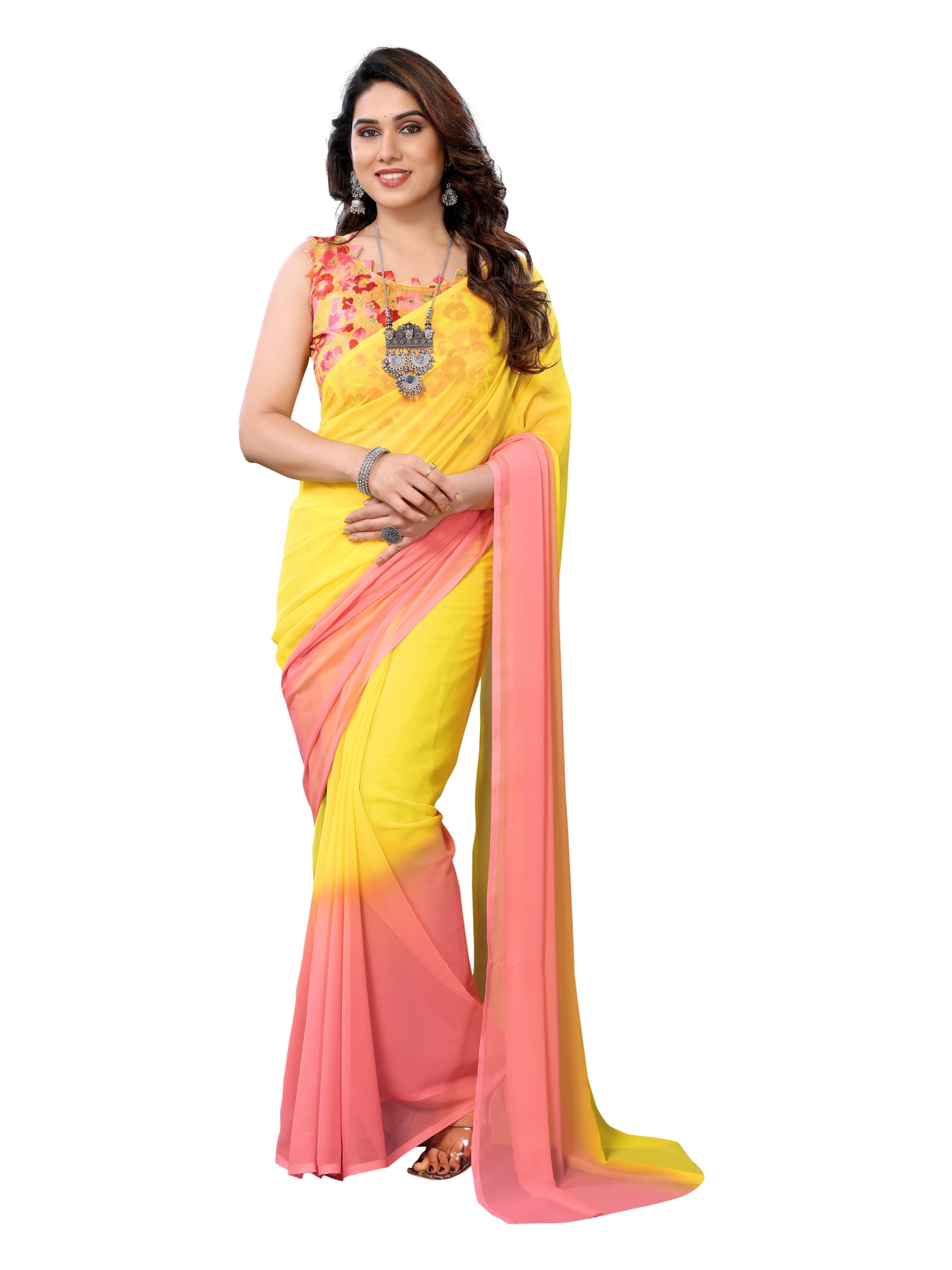 MOHIT CREATIONS Women's Party Wear Georgette Printed Border Ready To Wear Saree With Unstiched Blouse Piece