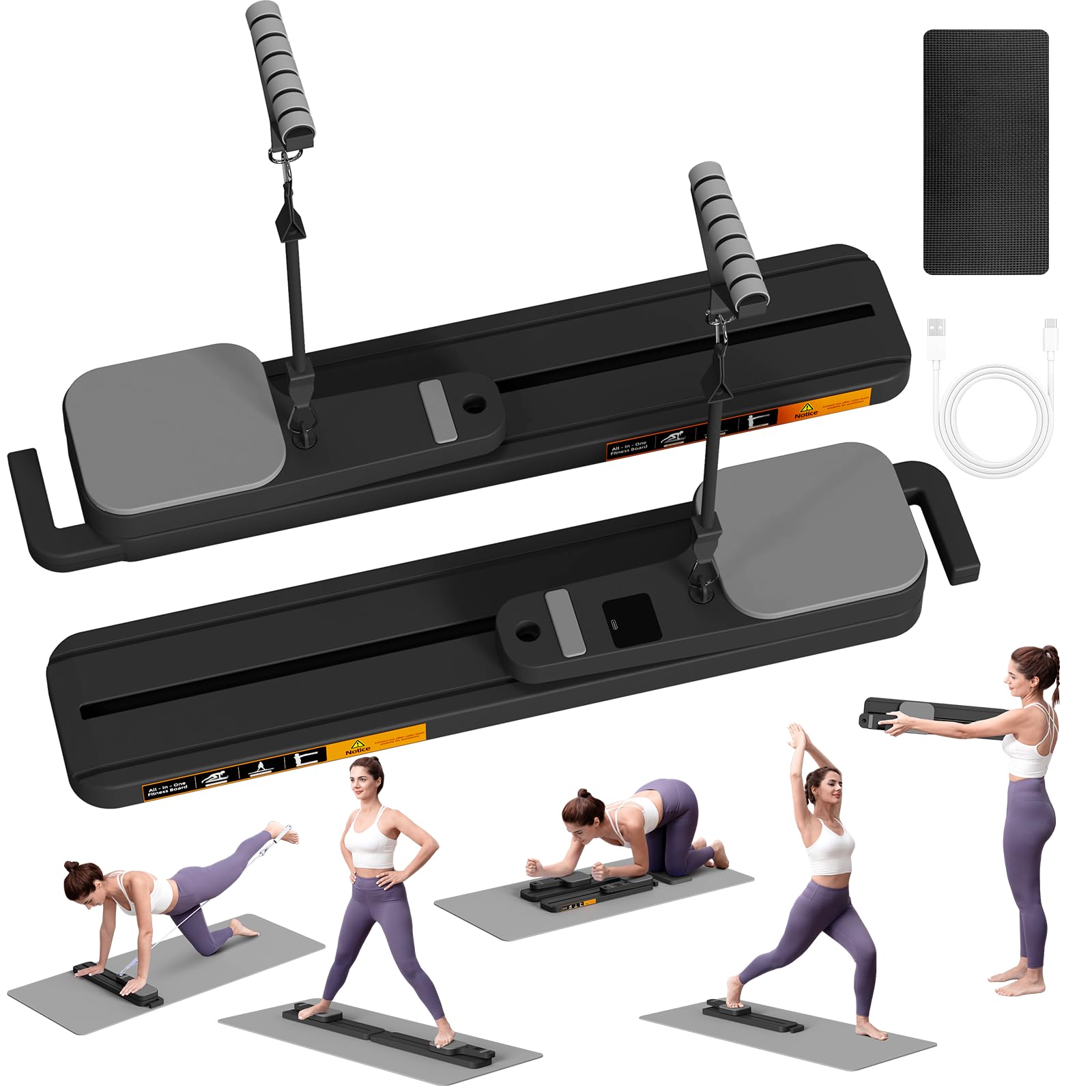 Upgraded Pilates Reformer Machine - 6-in-1 Fitness Board & Pilates Equipment Set with Ab Workout Equipment, Multifunctional Push-Up Board, Resistance Bands, Balance Board & Timer for Full Body Workout