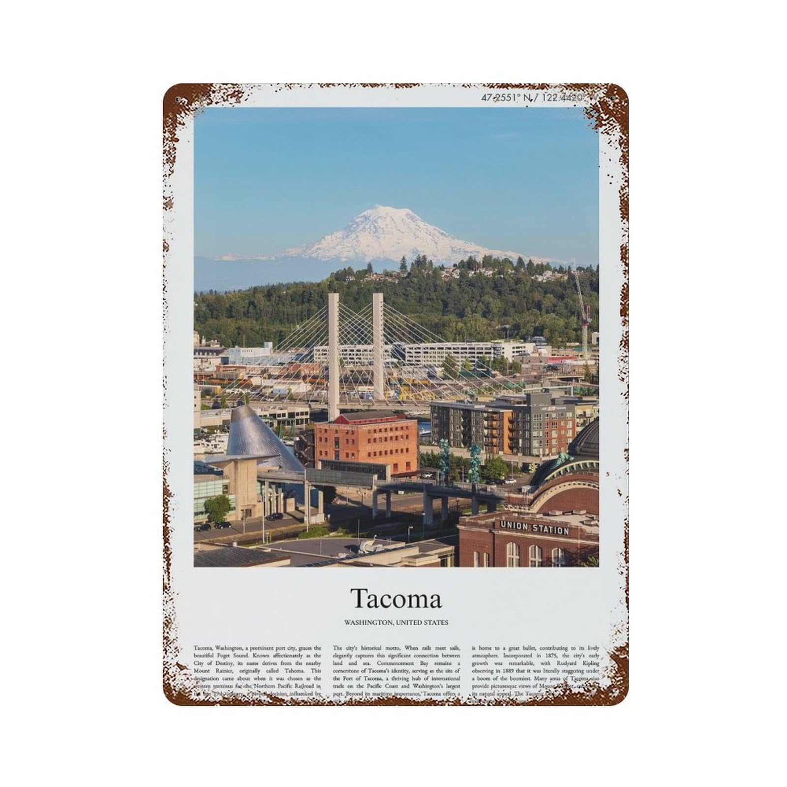 xiaoxiaoshen Tacoma Washington, United States, USA City Scenery Wall Decor Art Metal Tin Poster Modern Home Decor Art Home Bar Shop Decorations Vintage Sign 40x30cm