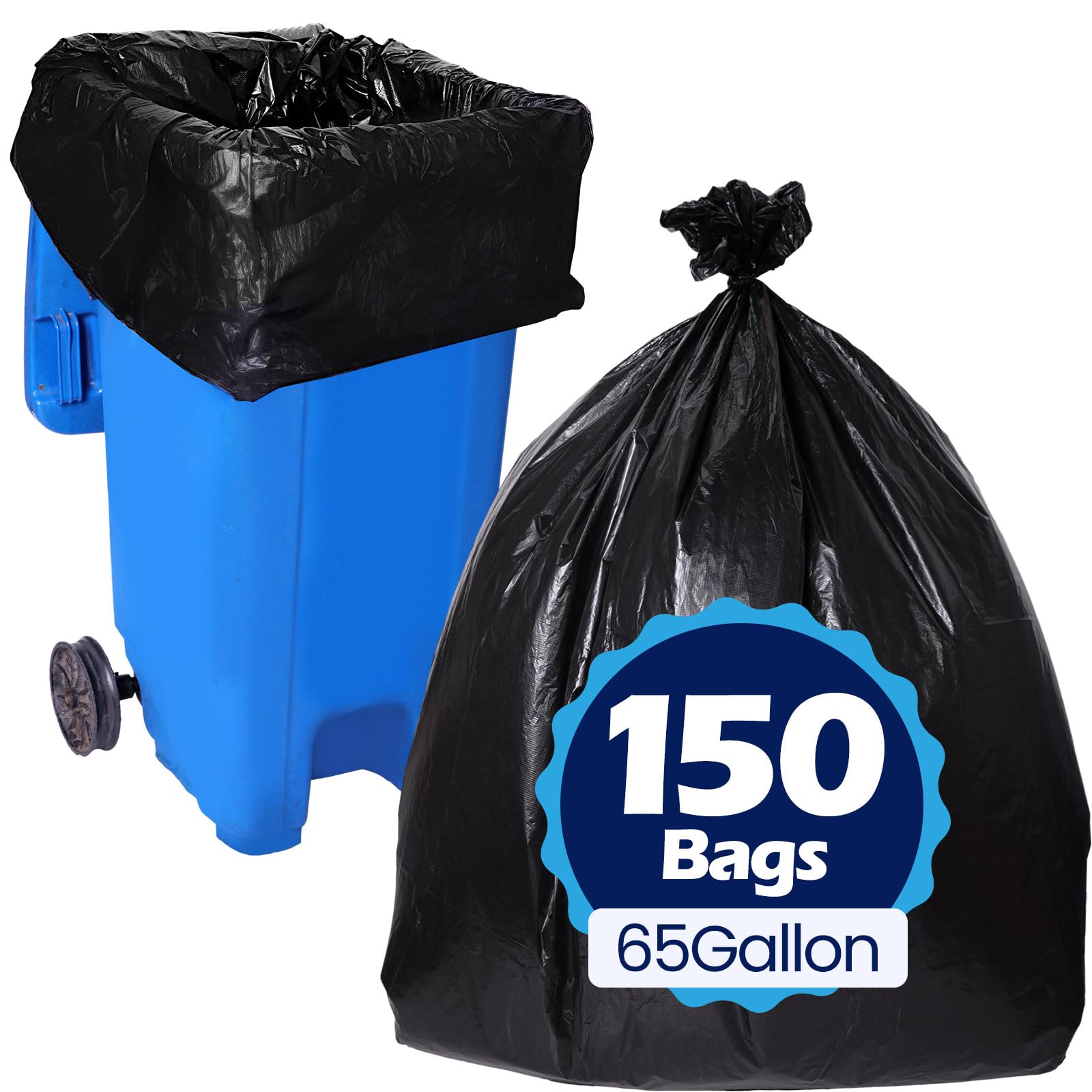 Maitys 150 Pcs 65 Gallon Trash Bags 51 x 55 Inches Large Black Plastic Garbage Bags Heavy Duty Trash Can Liners Multi Use Garbage Can Liner Drum Liners for Contractor, Commercial, Industrial, Outdoor