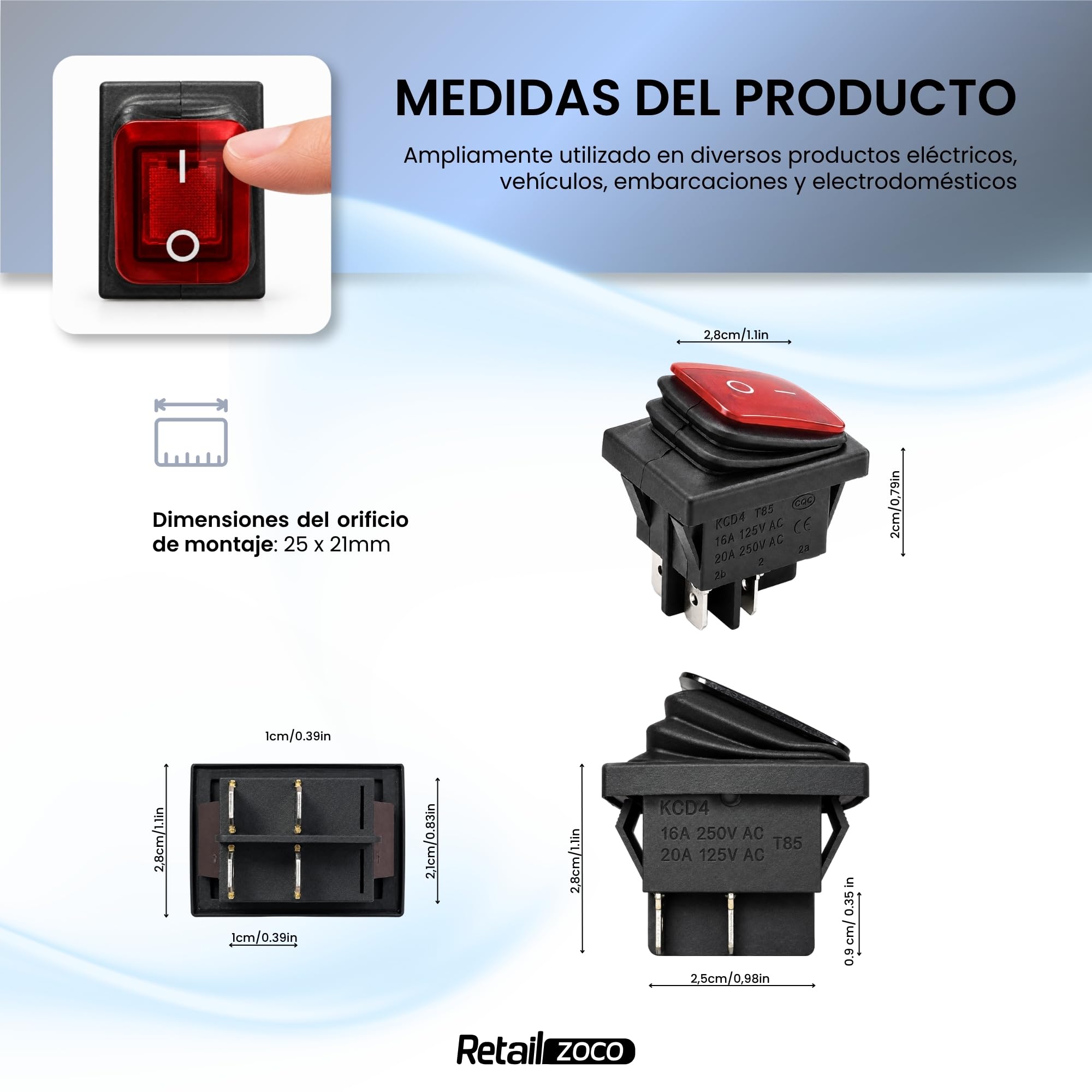 Interruptor Basculante DPST ON/OFF 4 pin, Luz Roja, 1 Unidades - imagen 4