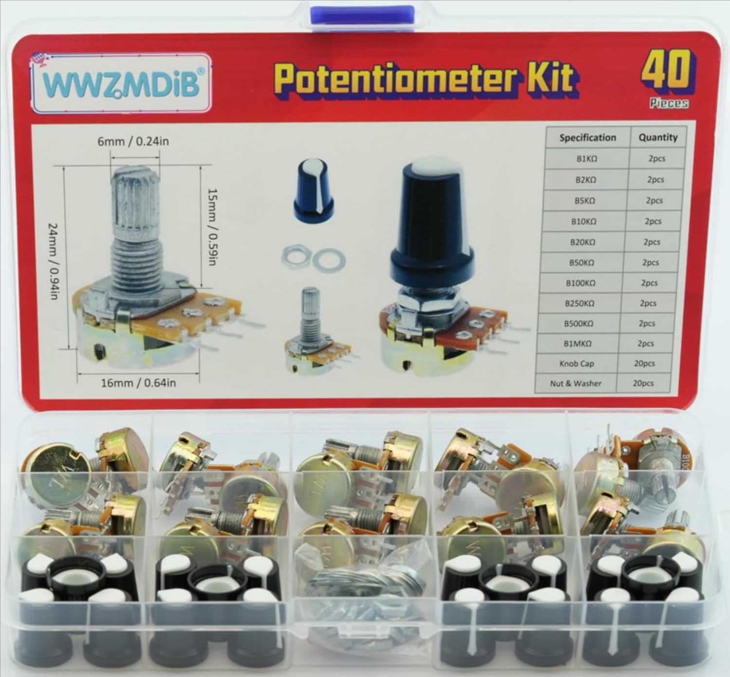 WWZMDiB 40PCS Potentiometer Kit with Knobs B1K 2K 5K 10K 20K 50K 100K