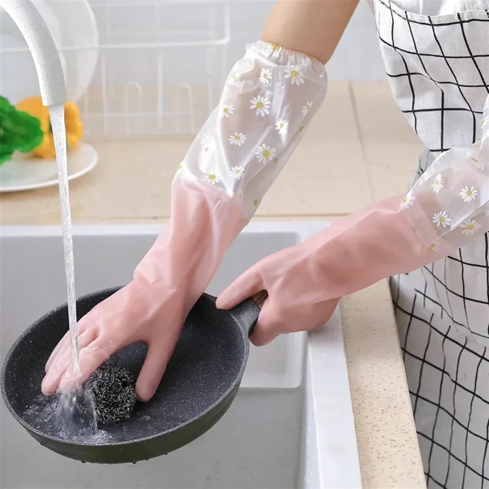 5 paia di guanti lunghi for lavare i piatti, con coulisse, in gomma, impermeabili, riutilizzabili, fiori, for la pulizia dei per Cucina, Stoviglie, Giardino(Blue)