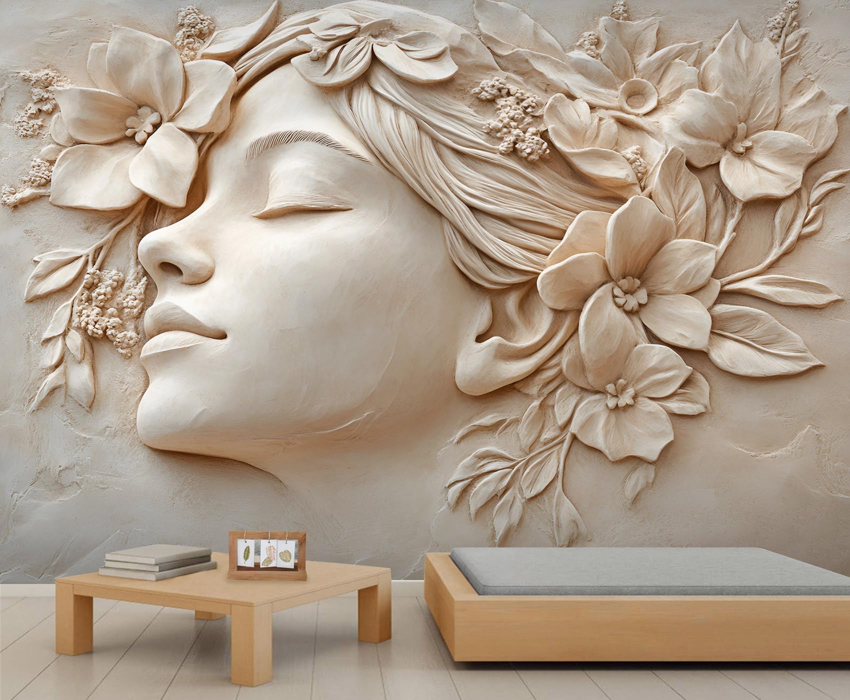 Female Relief Mural Wallpaper 450x315cm Woman Face Wall Mural Sculpture Bedroom Wallpaper Statue Wall Decor (Not Peel n' Stick)