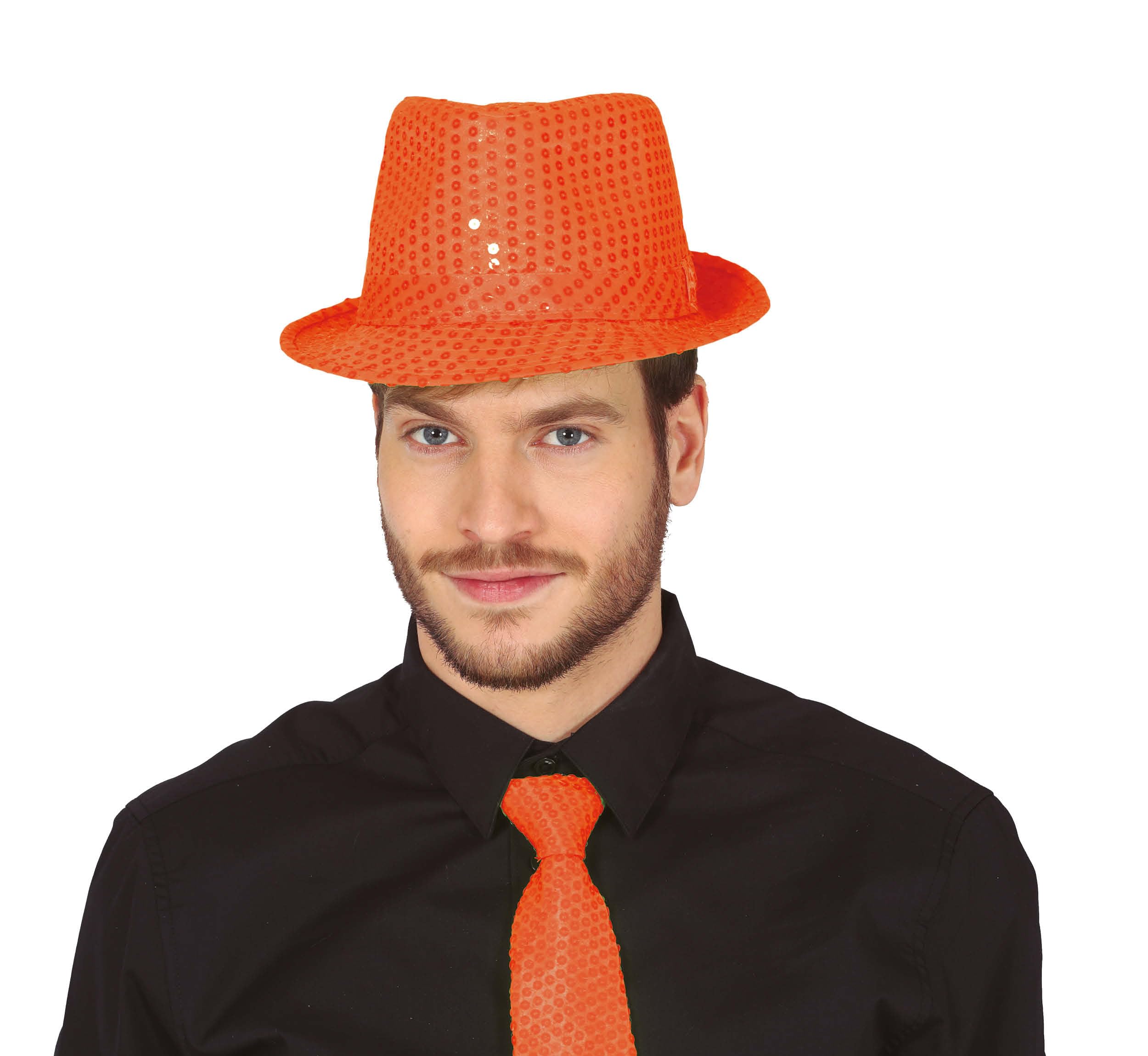 FIESTAS GUIRCA GORRO GANGSTER LENTEJUELAS NARANJA NEON